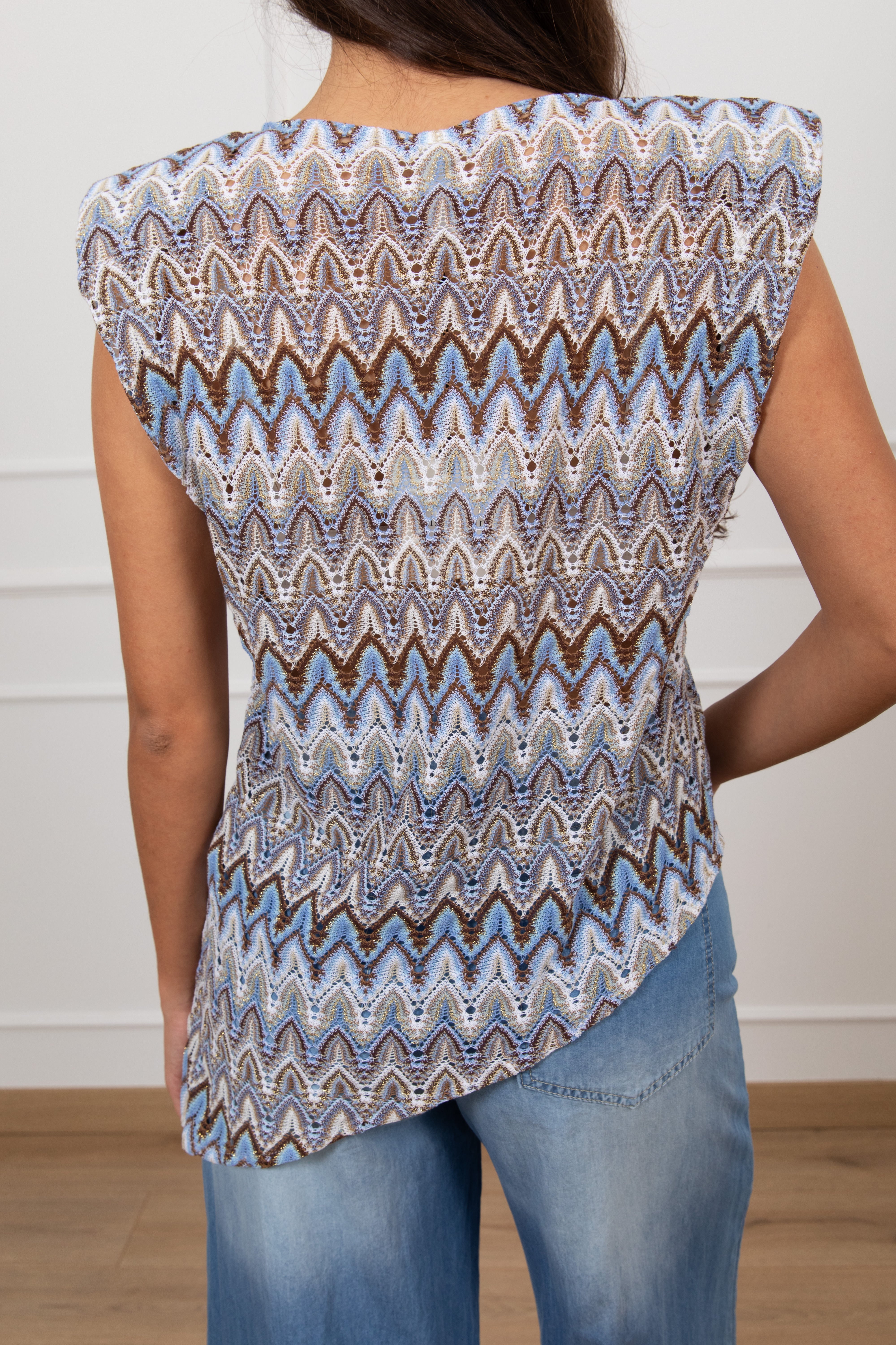Blusa asimmetrica motivo zig-zag celeste Tensione IN