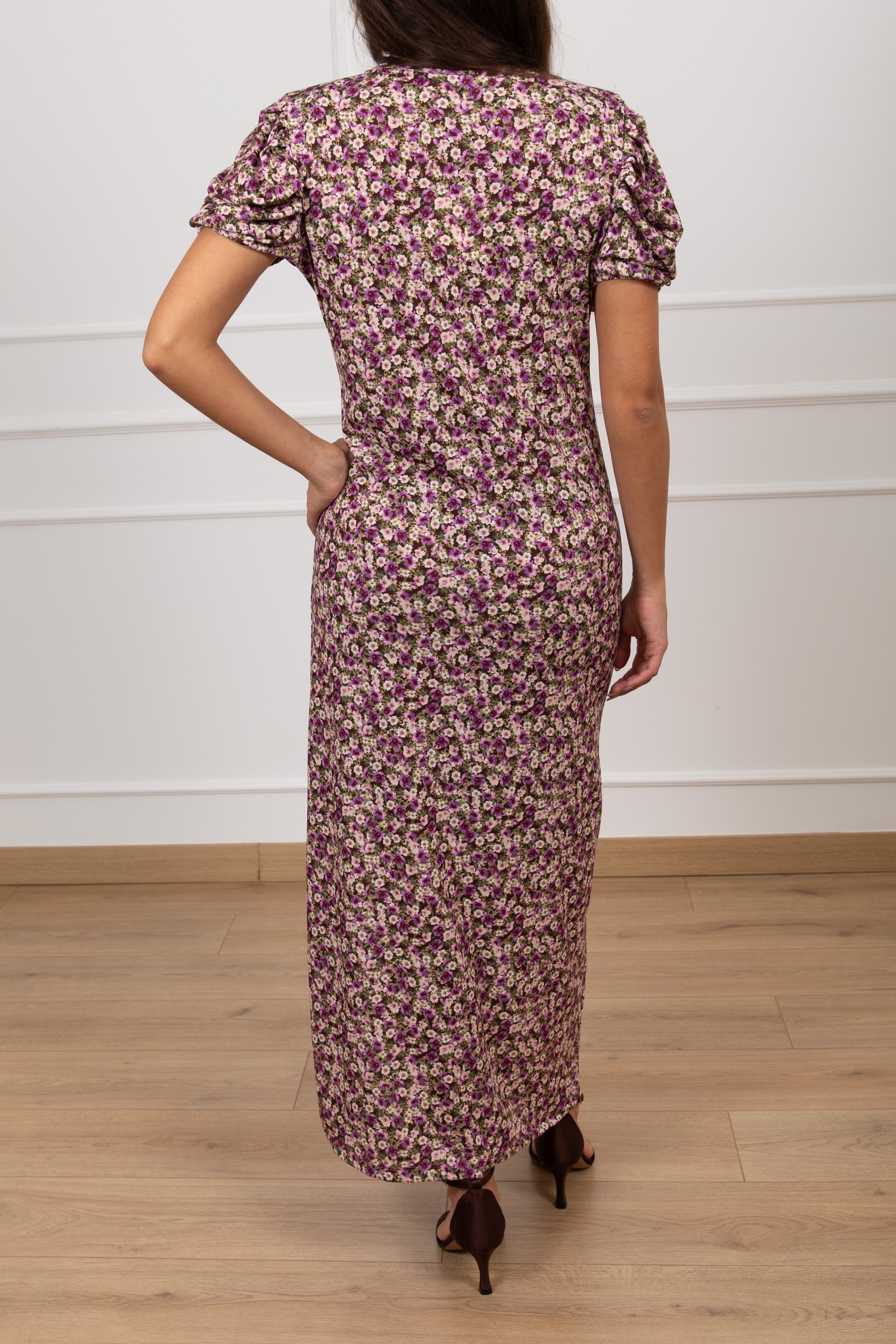 Abito lungo in jersey con drappeggio fantasia flowers moro ViCOLO
