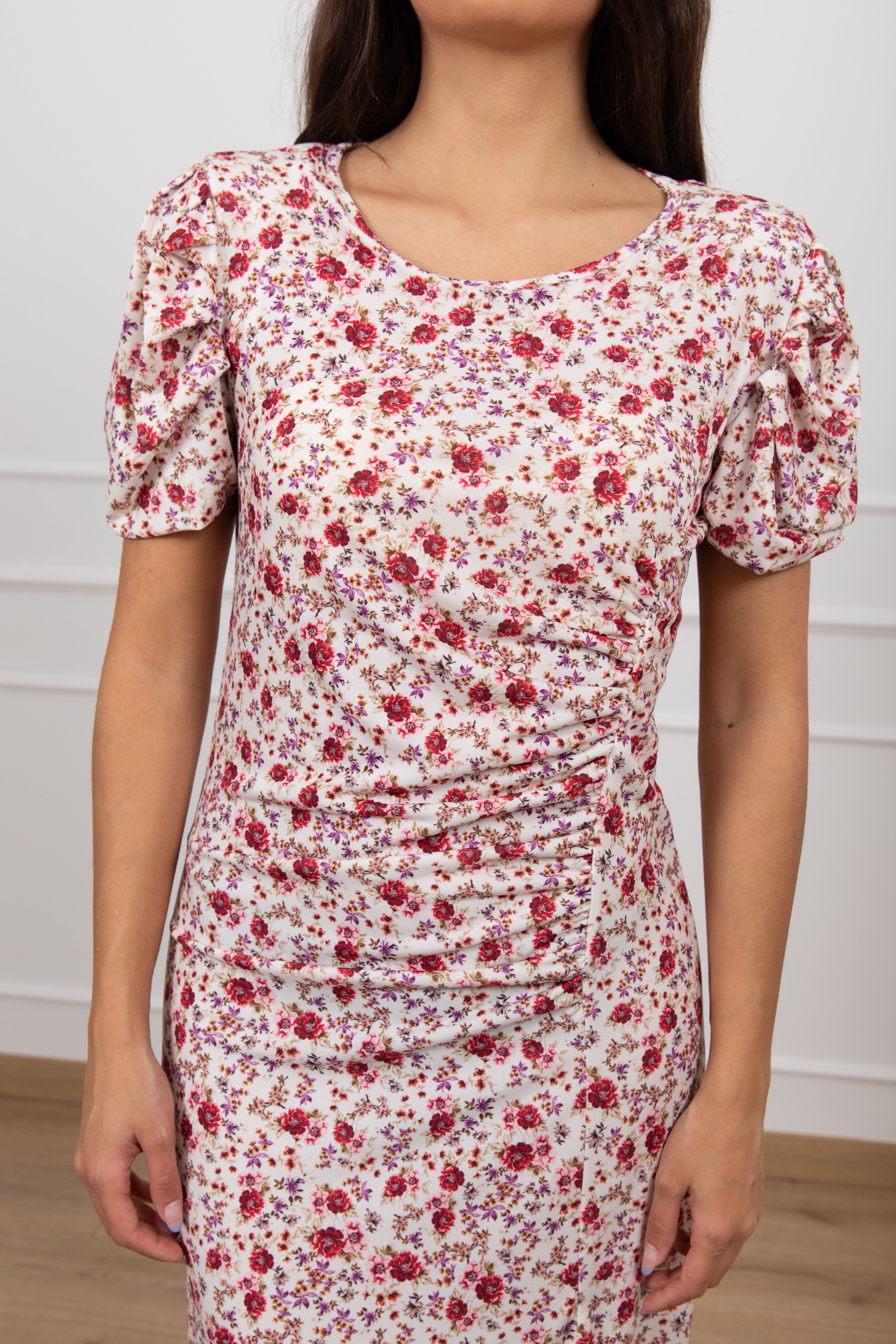 Abito lungo drappeggiato fantasia flowers burro ViCOLO