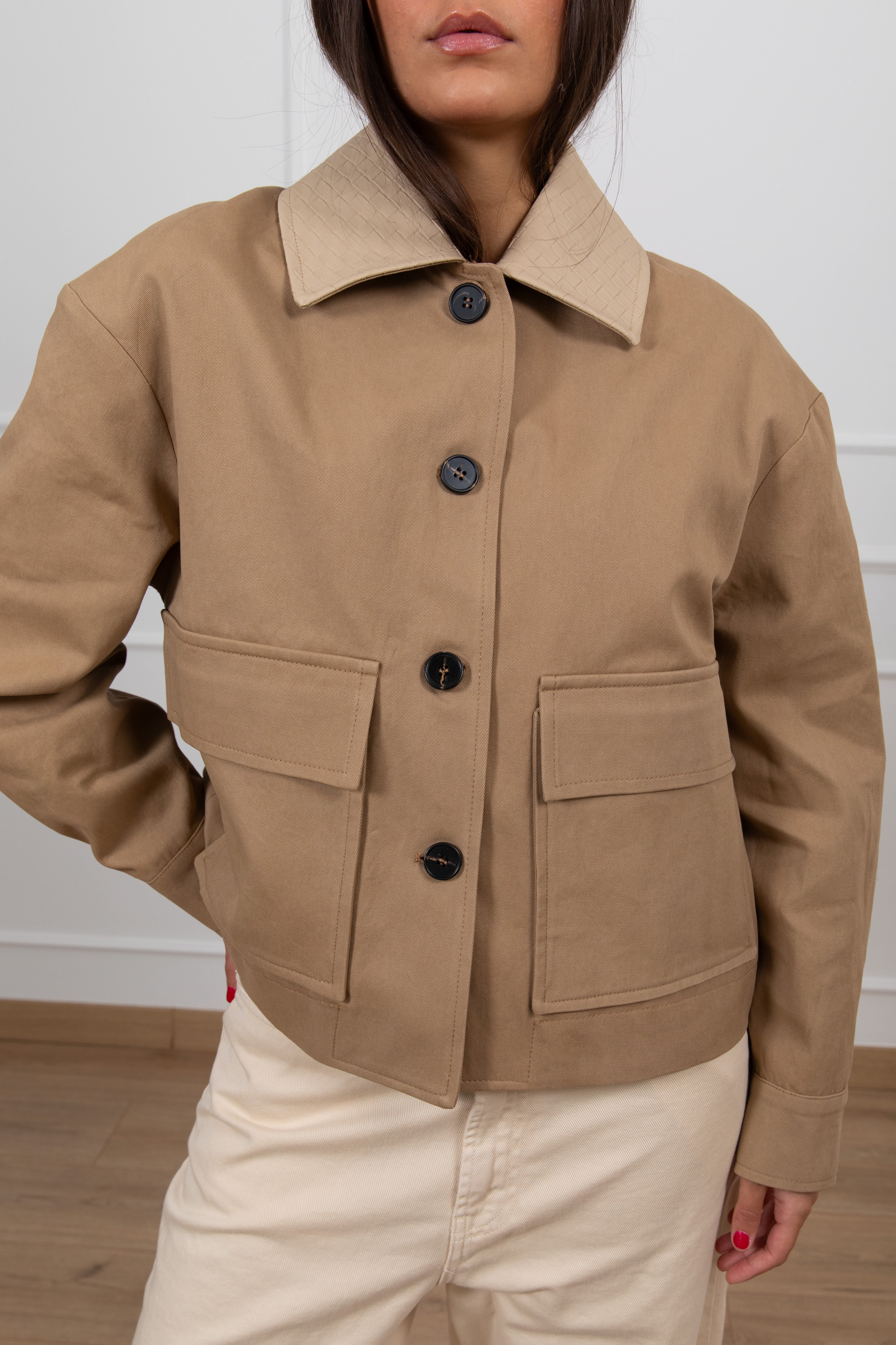 Giaccone in canvas con tasche e colletto in eco-pelle intrecciata Tensione IN