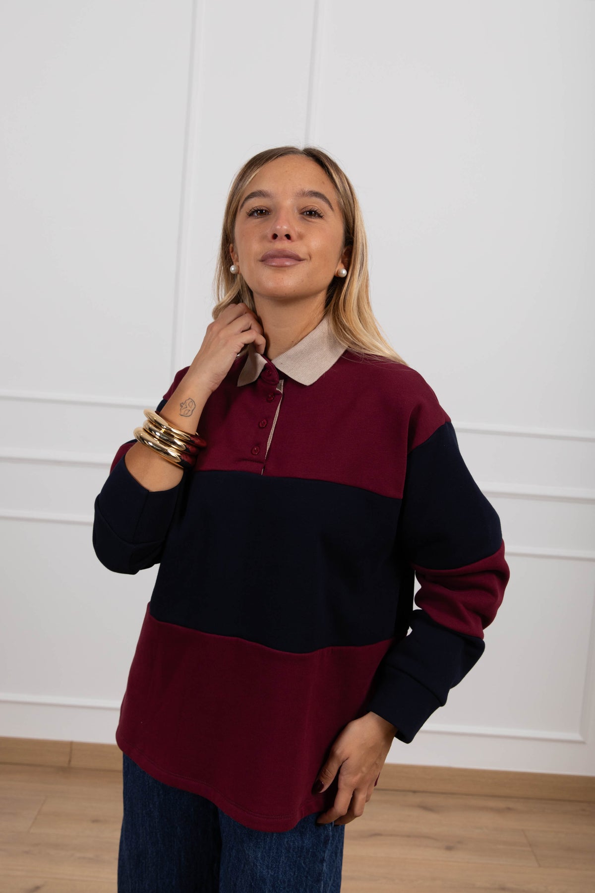 Polo felpata a righe larghe variante panna/bordeaux/blu Tensione IN
