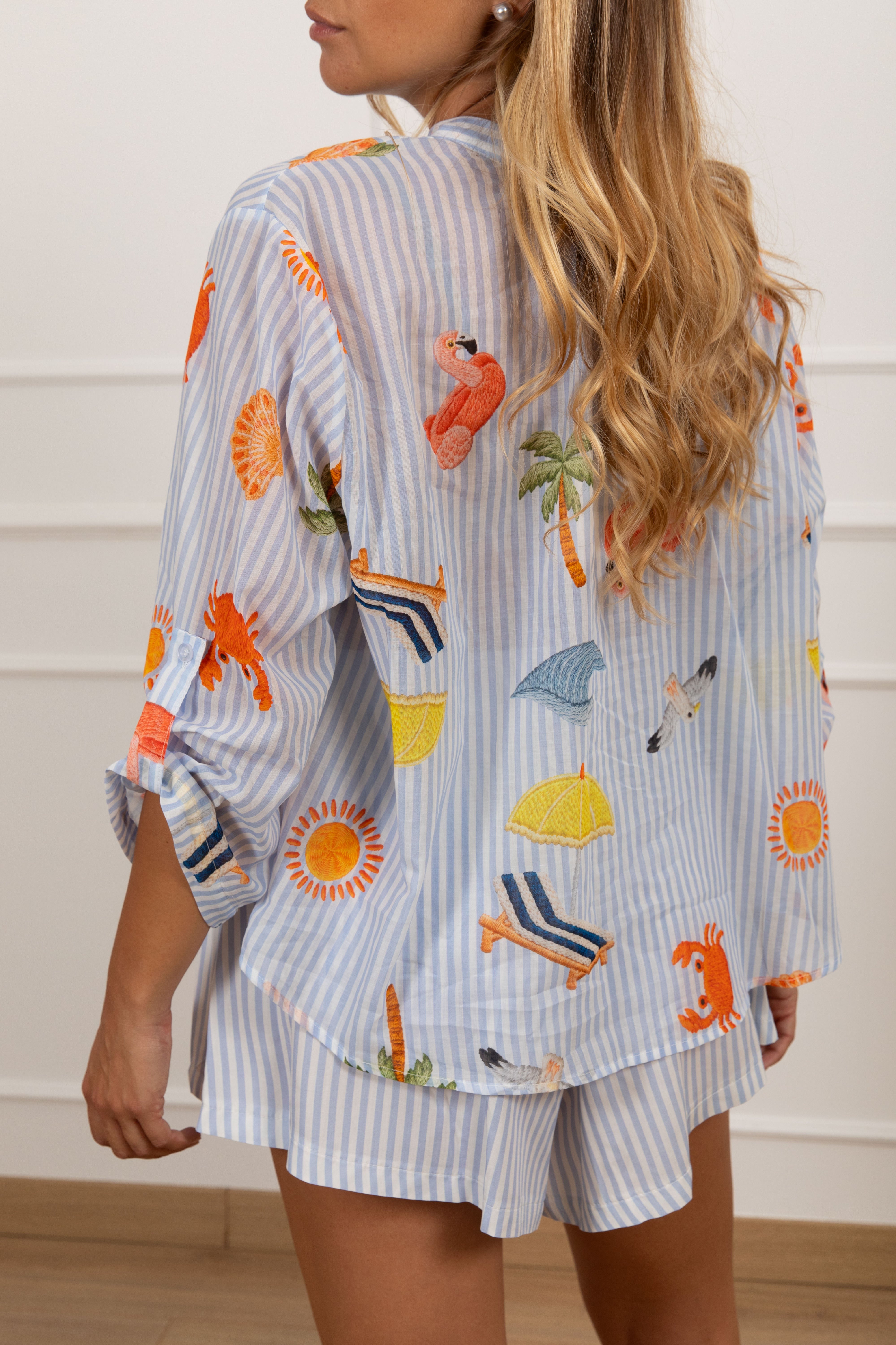 Camicia bacchettata fantasia mare con passamaneria Tensione IN