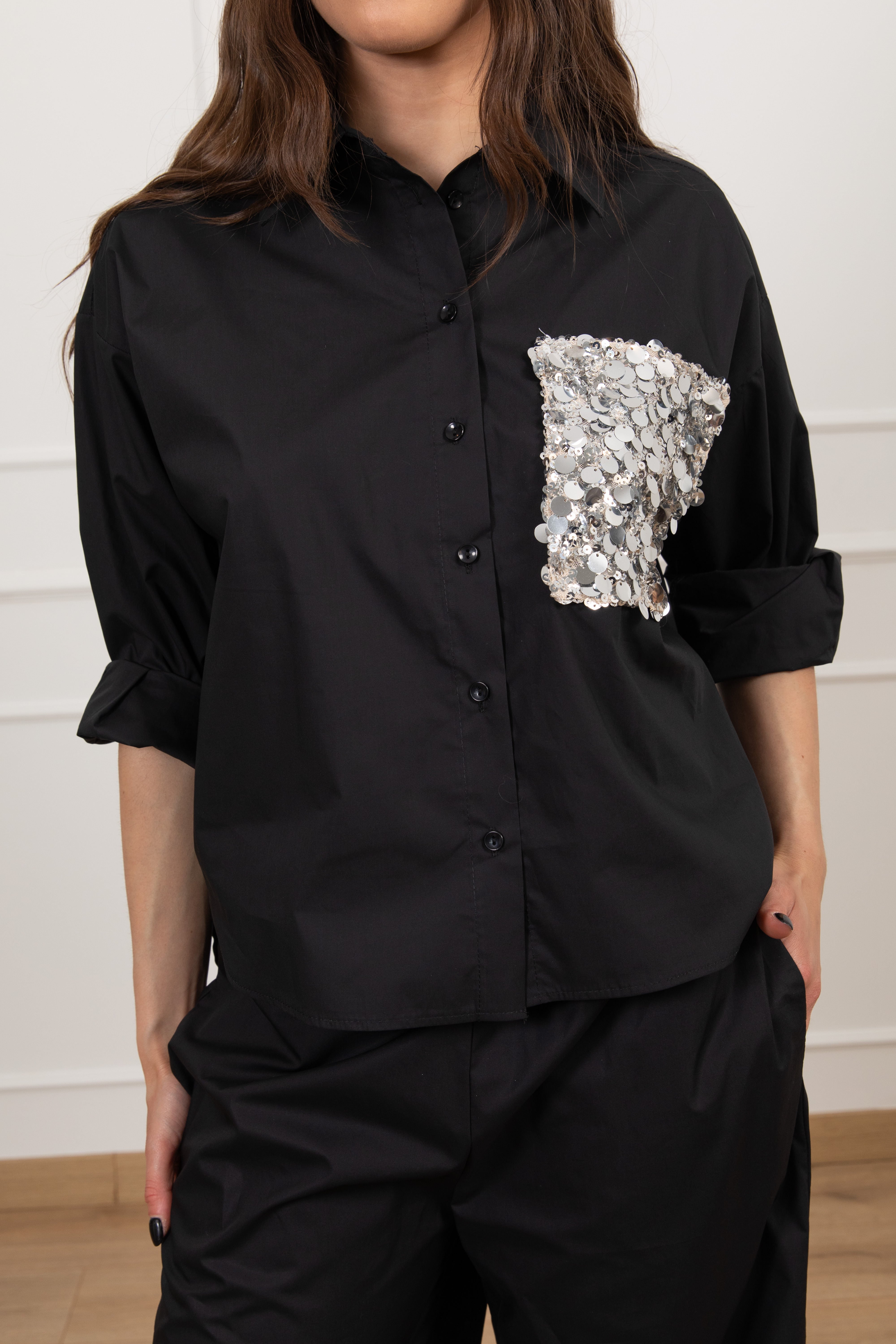 Camicia in cotone con tasca paillettes Motel