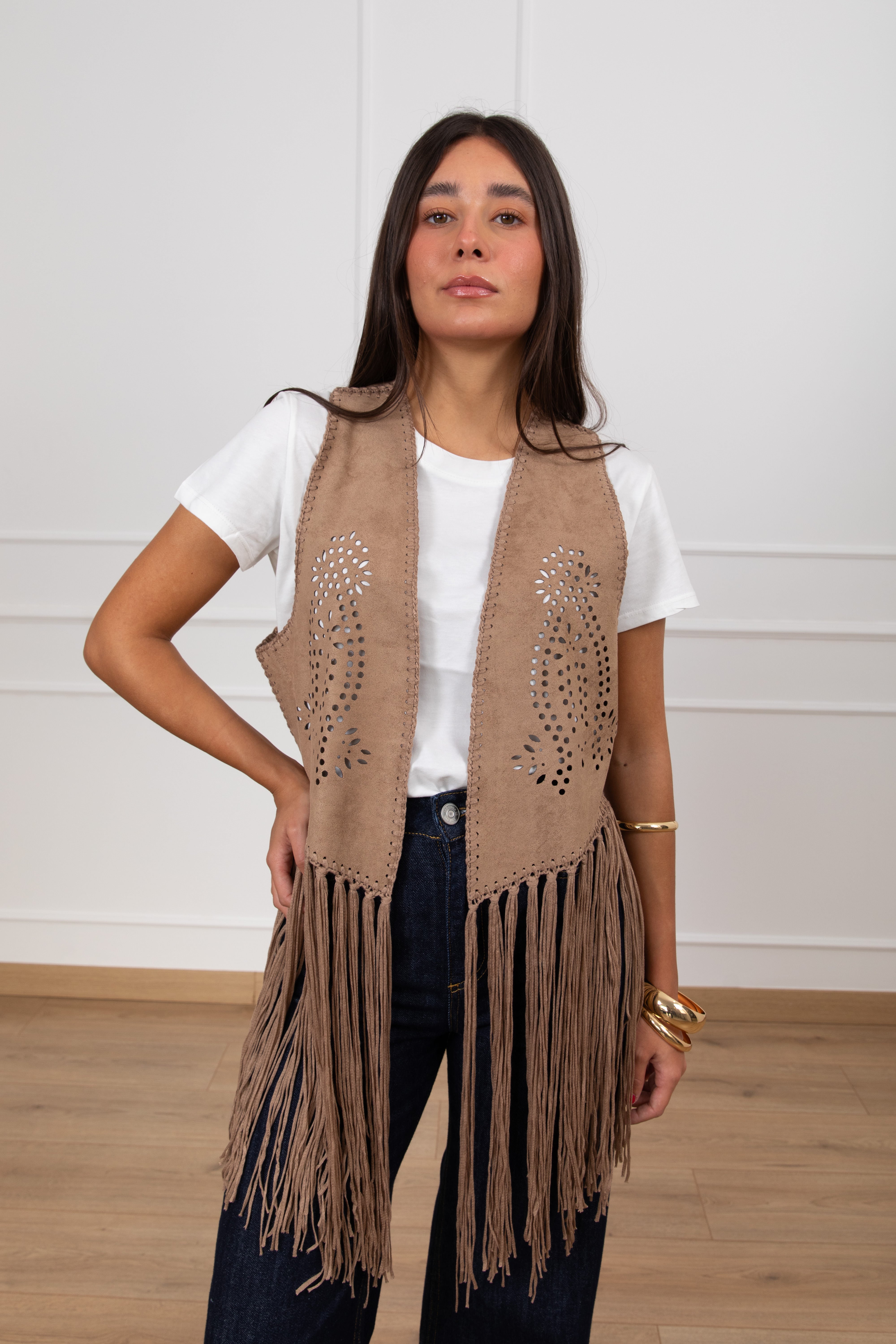 Gilet in eco-camoscio con frange ViCOLO