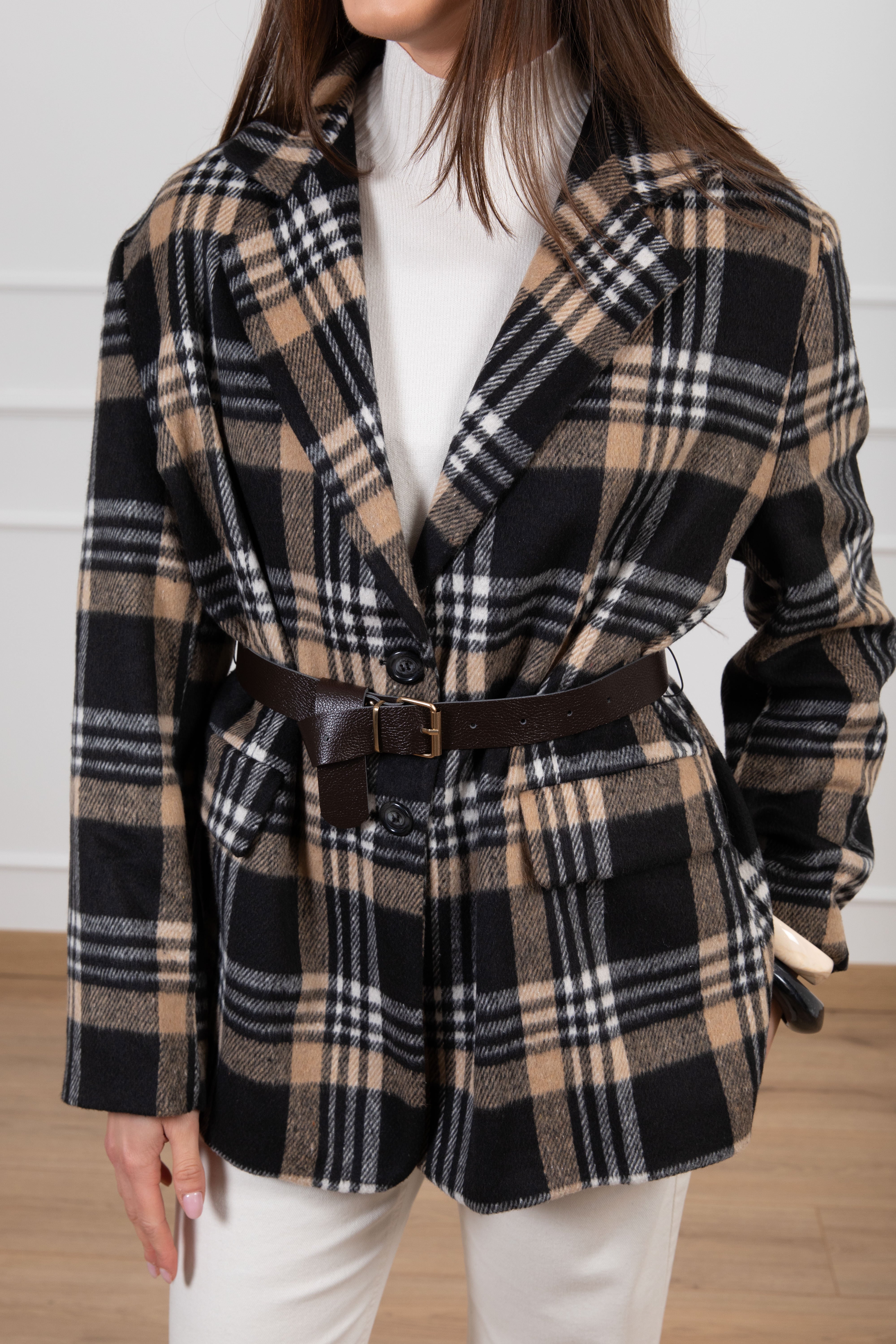 Giacca-cappotto check con cintura Susy Mix