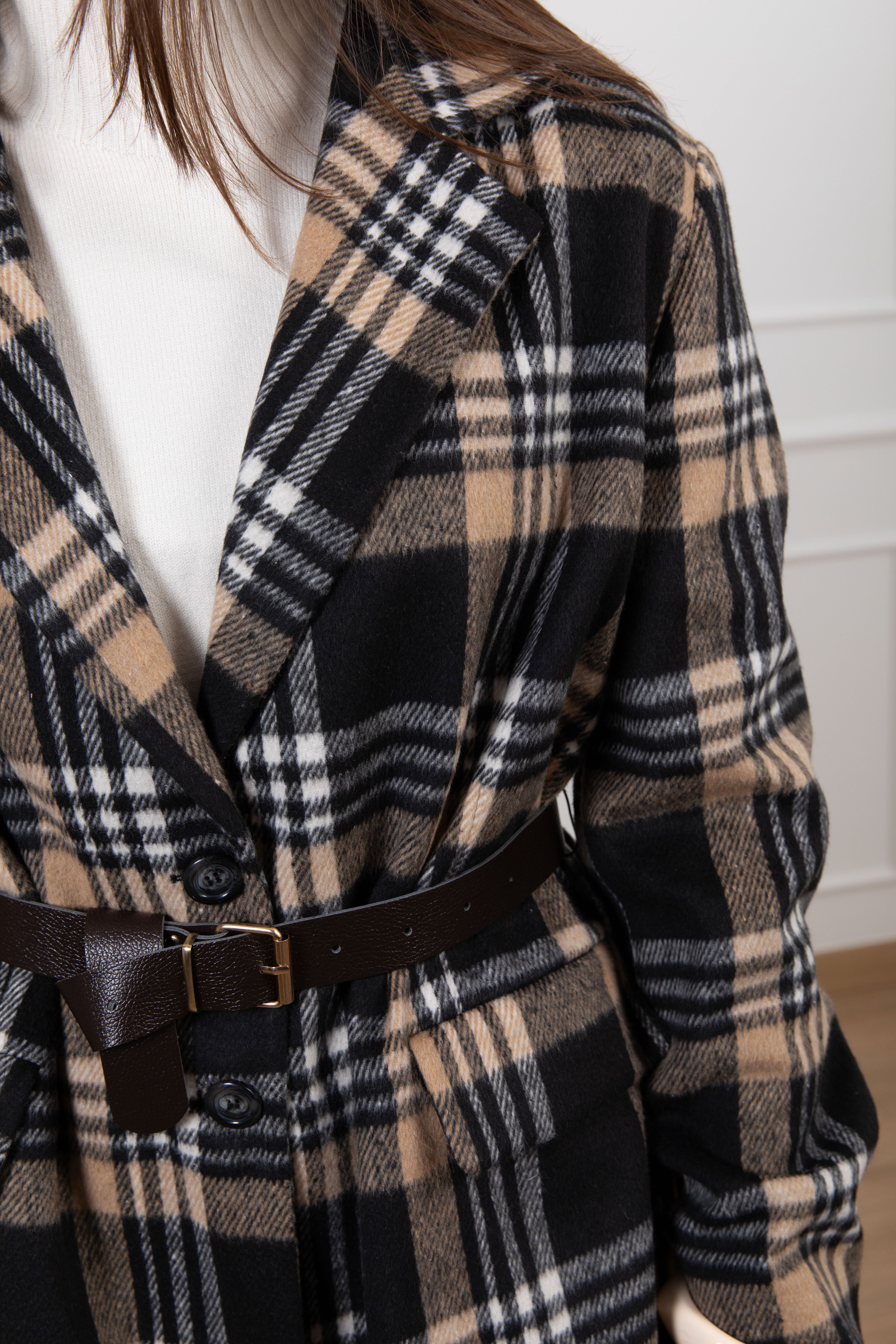 Giacca-cappotto check con cintura Susy Mix