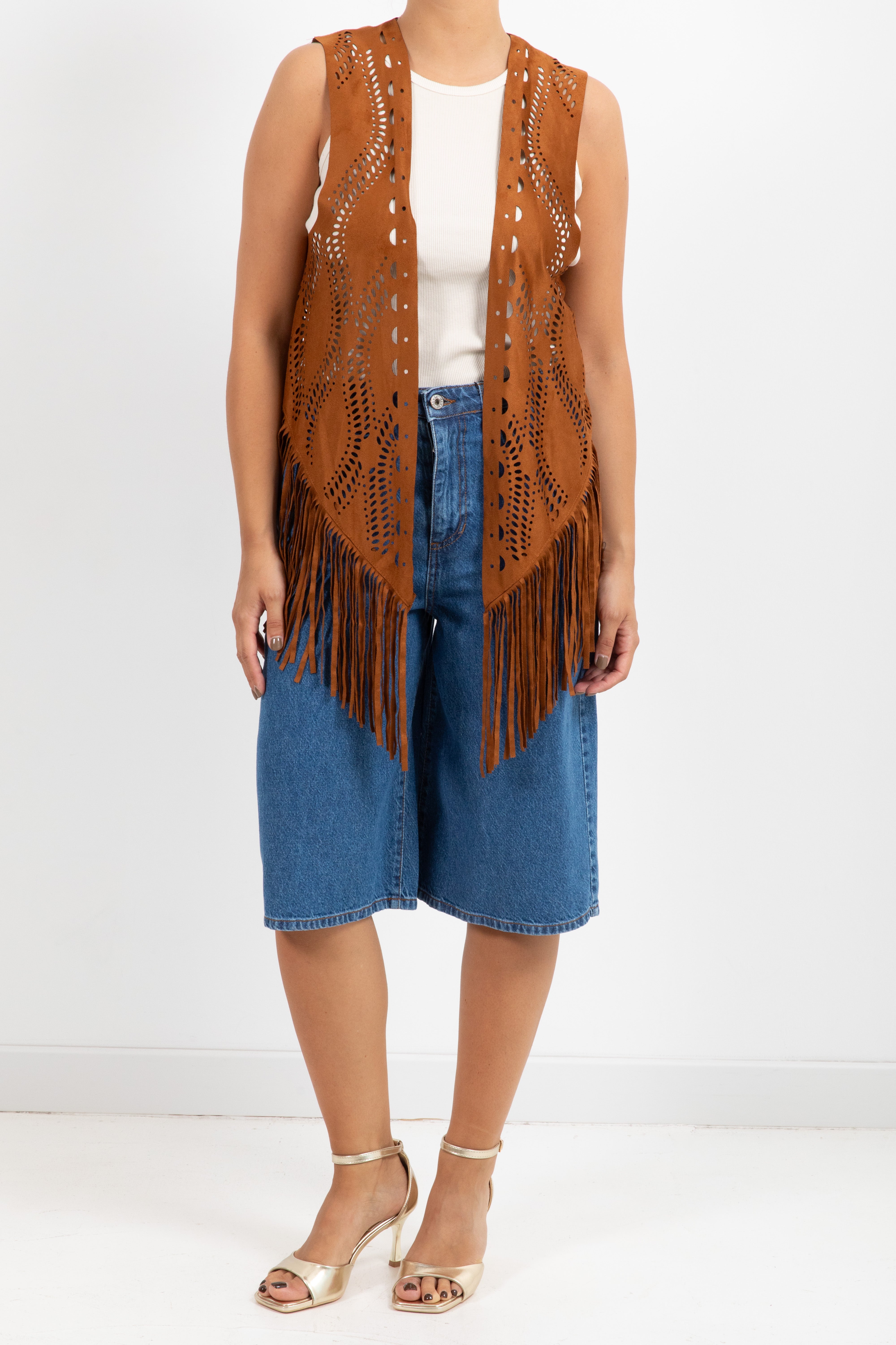 Gilet traforato in eco-camoscio con frange Dixie