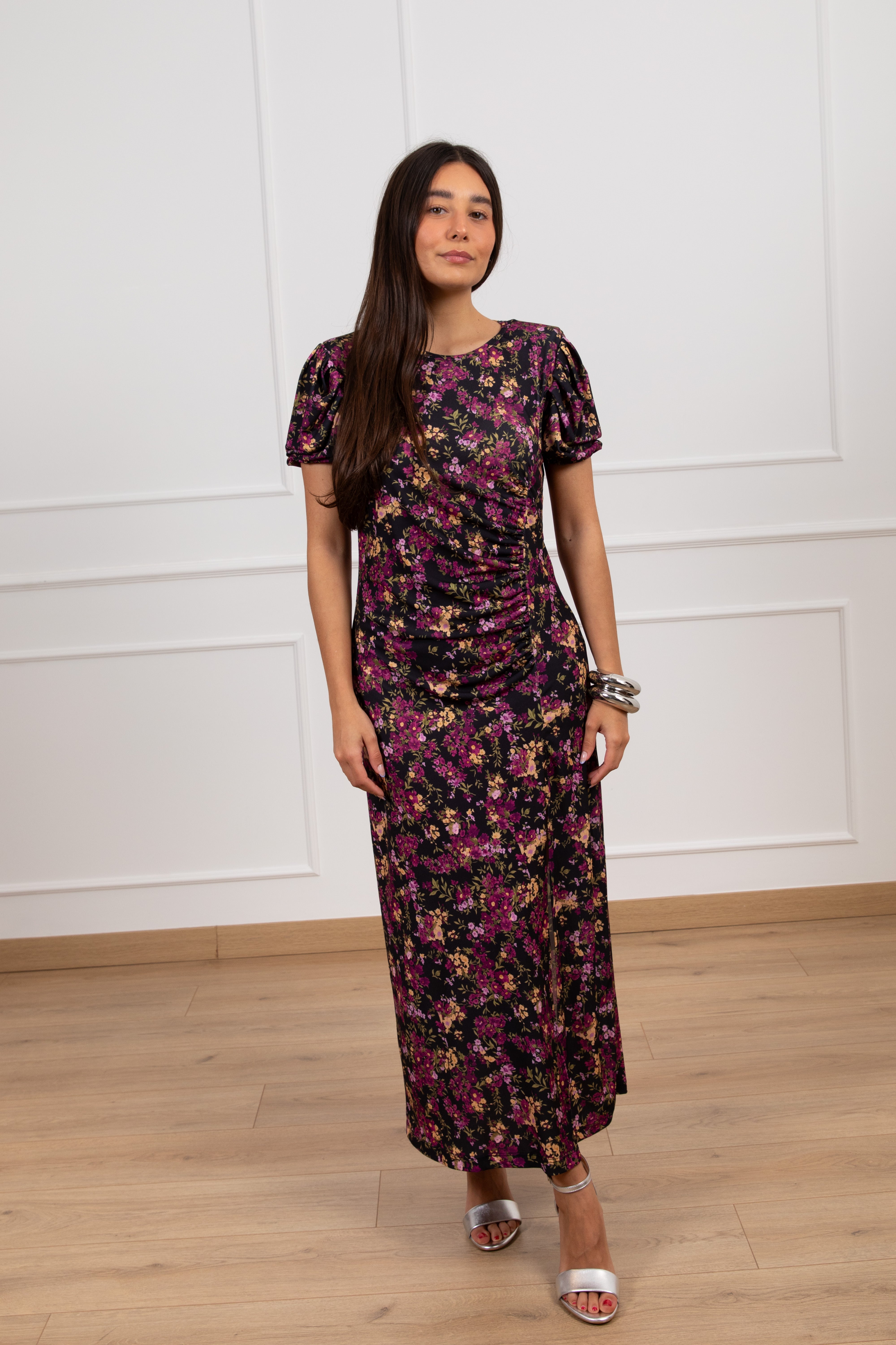 Abito lungo jersey drappeggiato fantasia flowers ciclamino ViCOLO