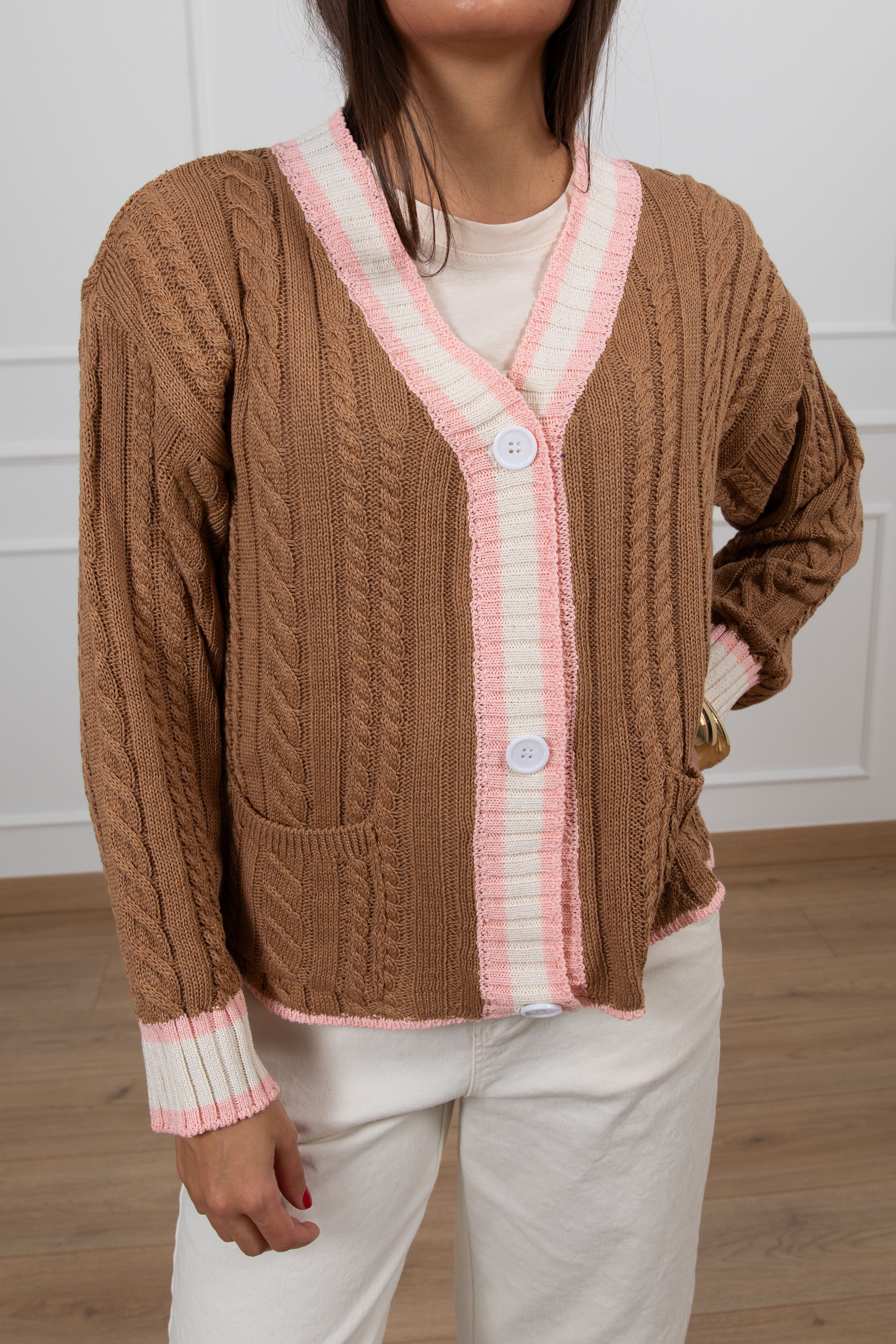 Cardigan treccia piatta con profili a righe Susy Mix
