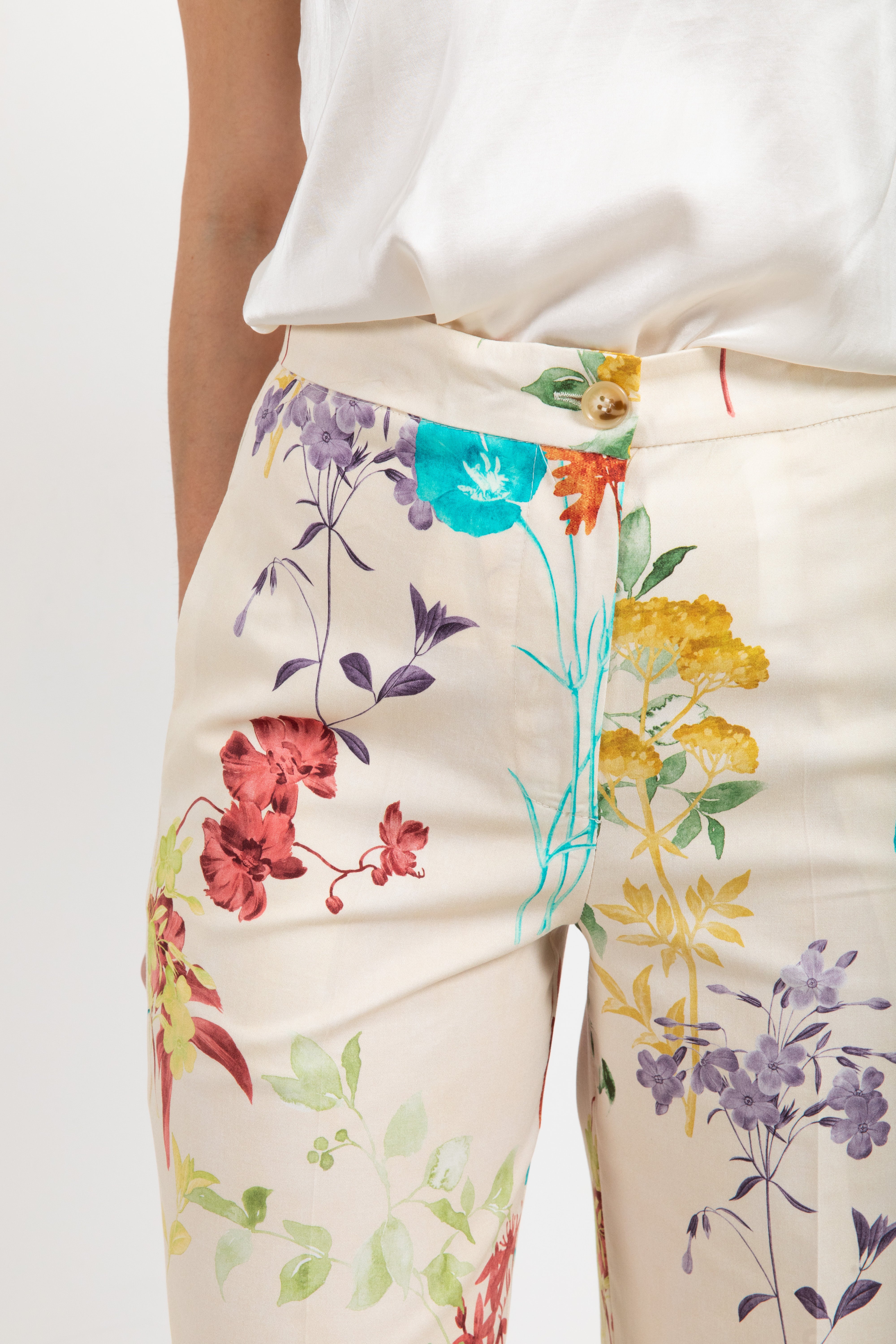 Pantalone gamba dritta in cotone fantasia foliage ViCOLO