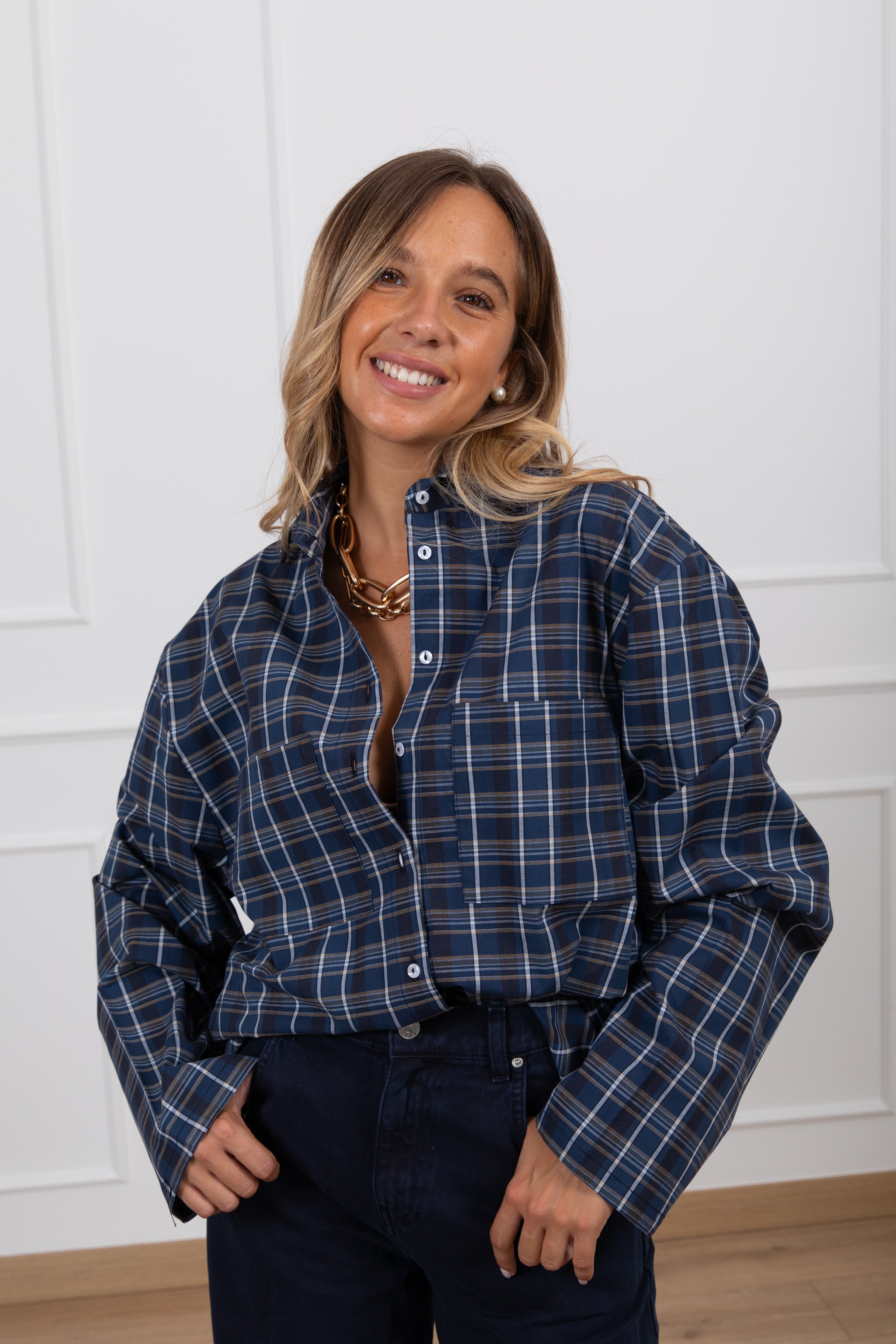Camicia over-size check variante blu Haveone
