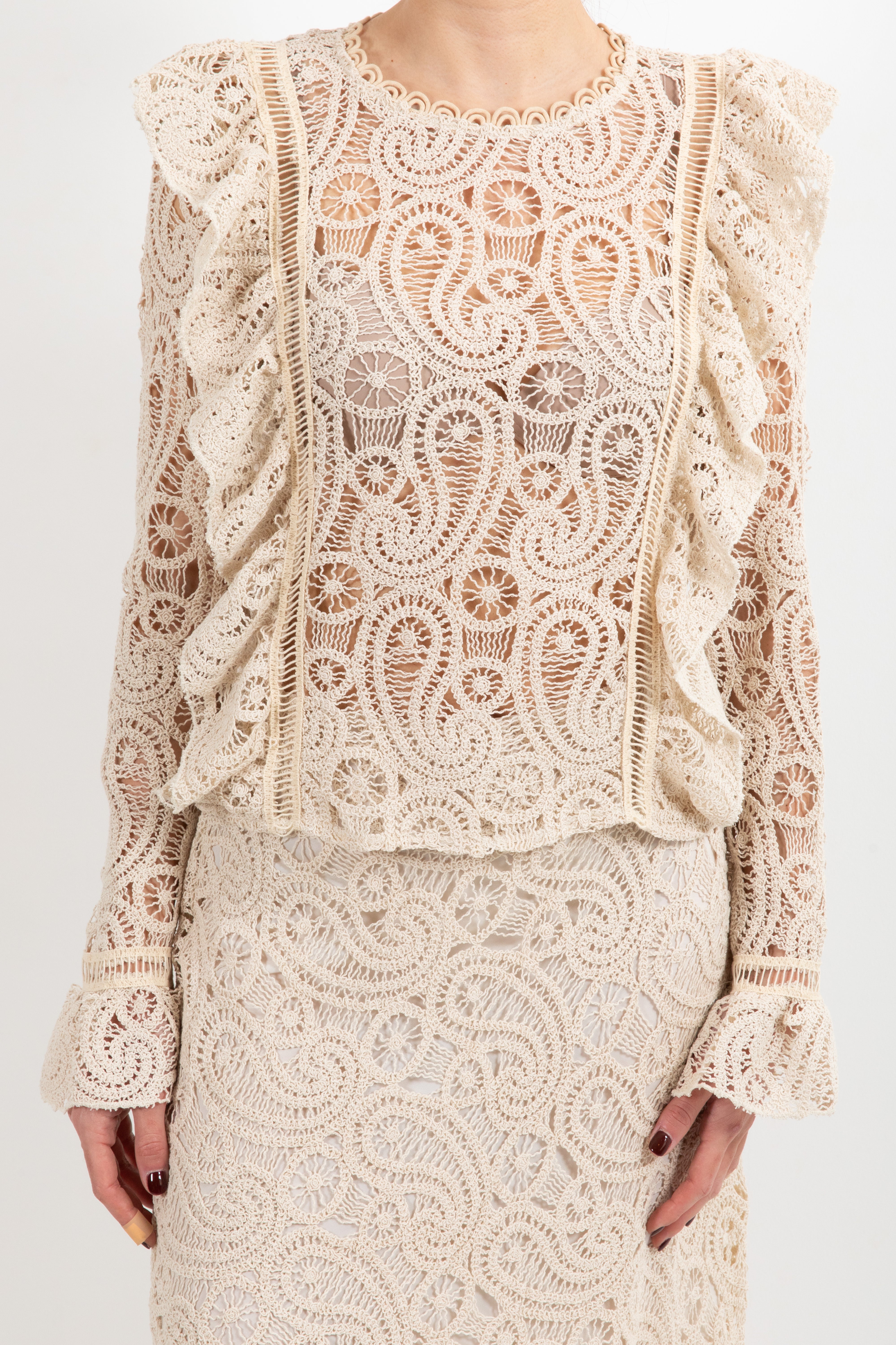 Blusa in pizzo macramè con rouches Tensione IN