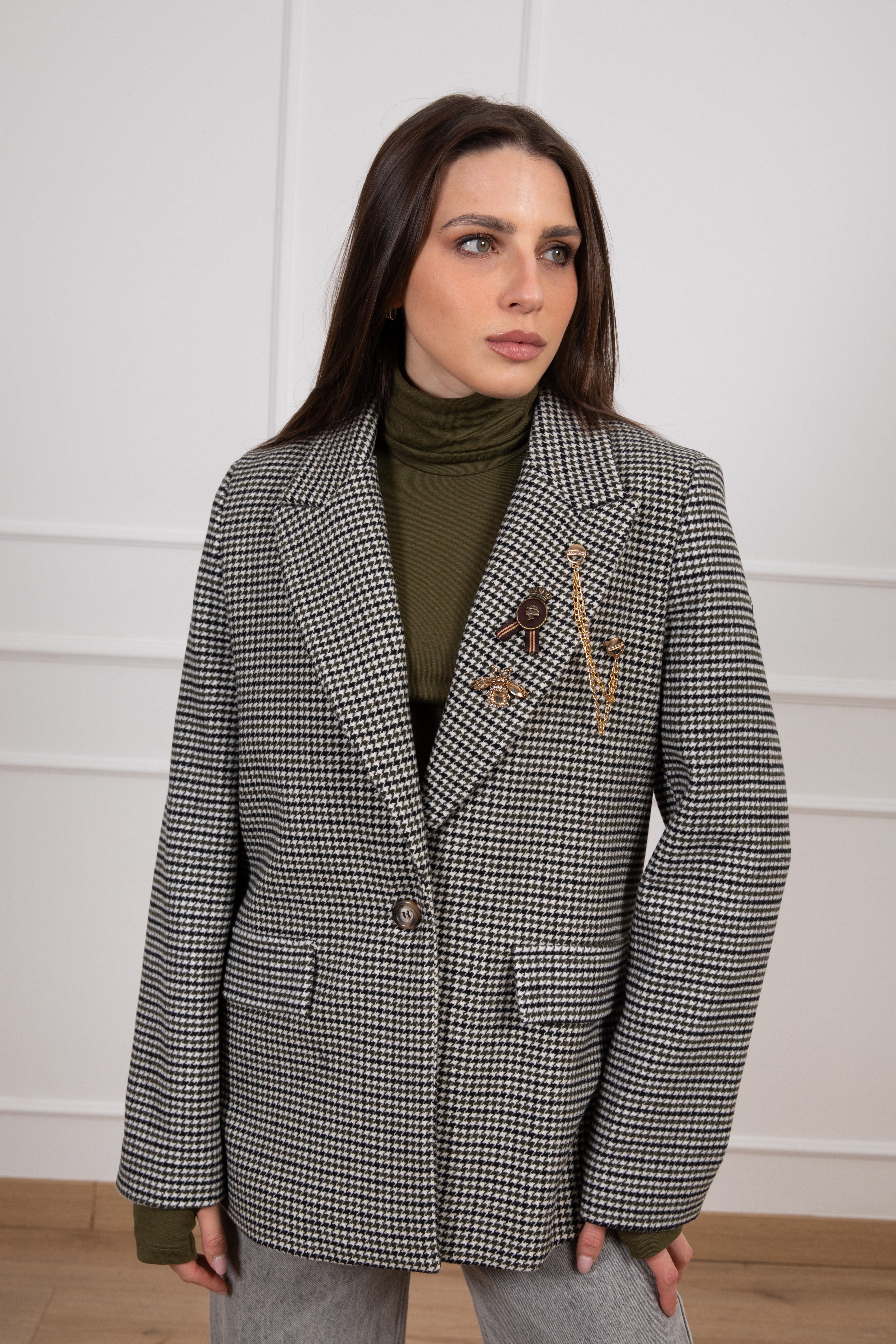 Giacca-cappotto pied de poule con spille Susy Mix