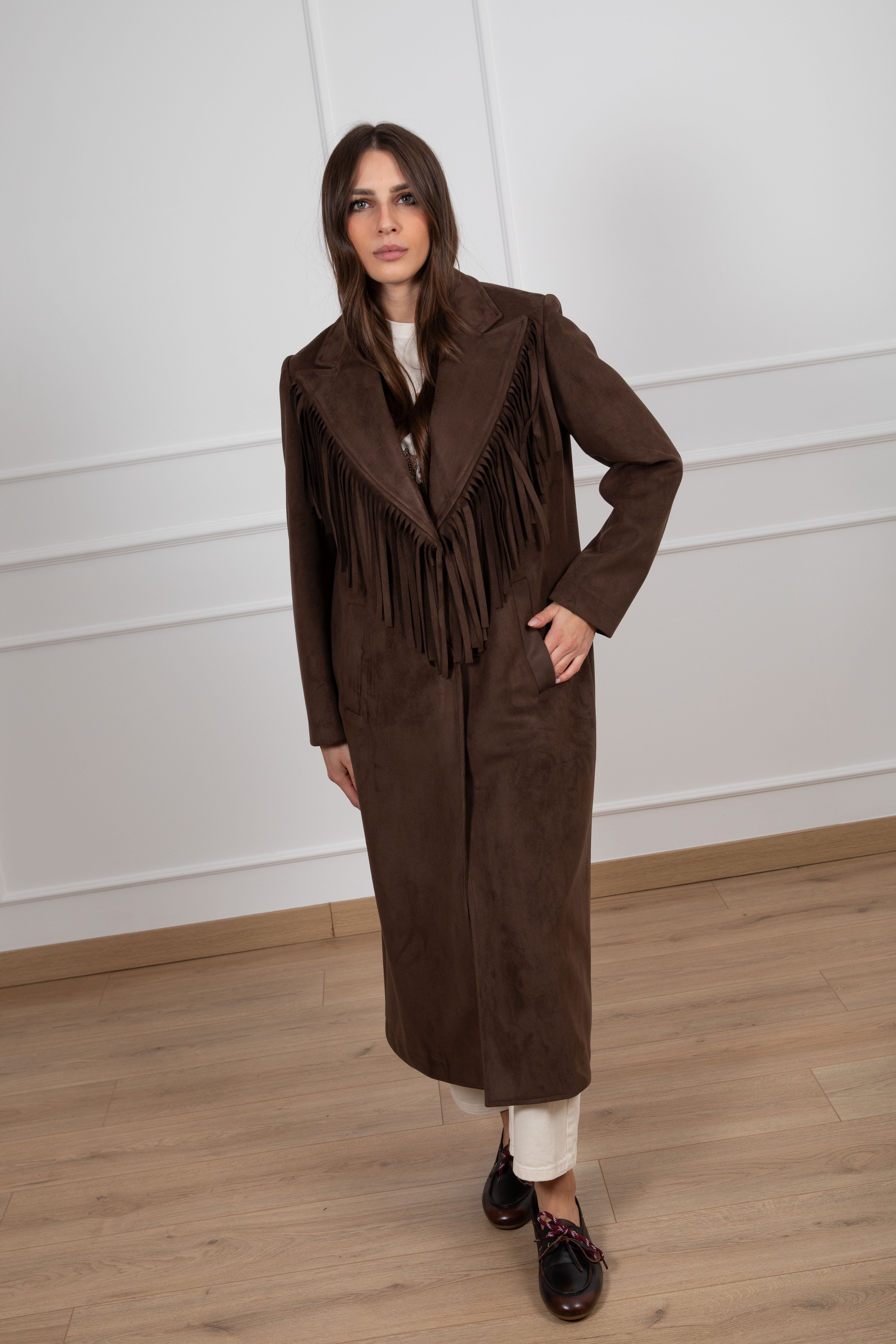 Cappotto in eco-camoscio con frange Susy Mix