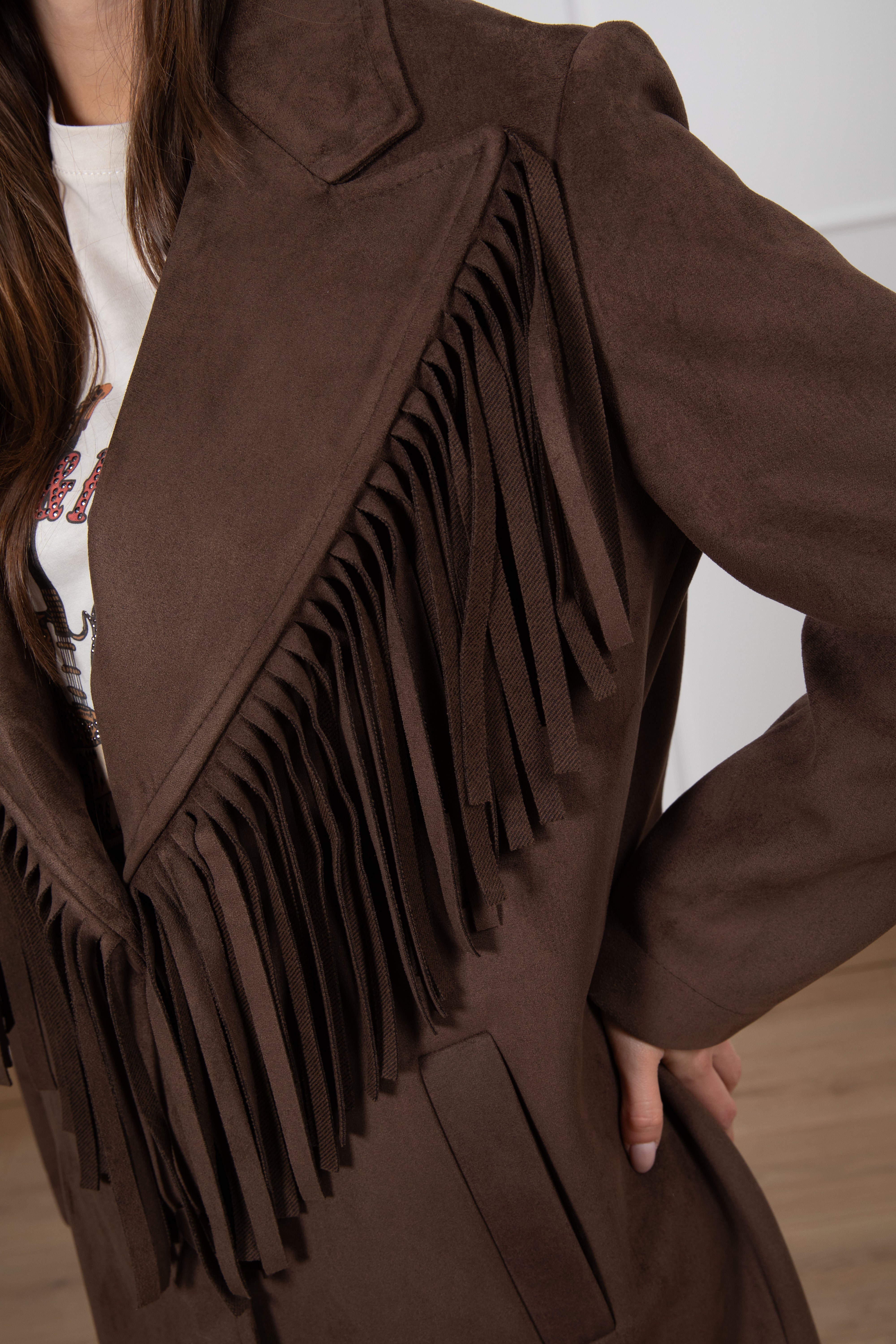 Cappotto in eco-camoscio con frange Susy Mix