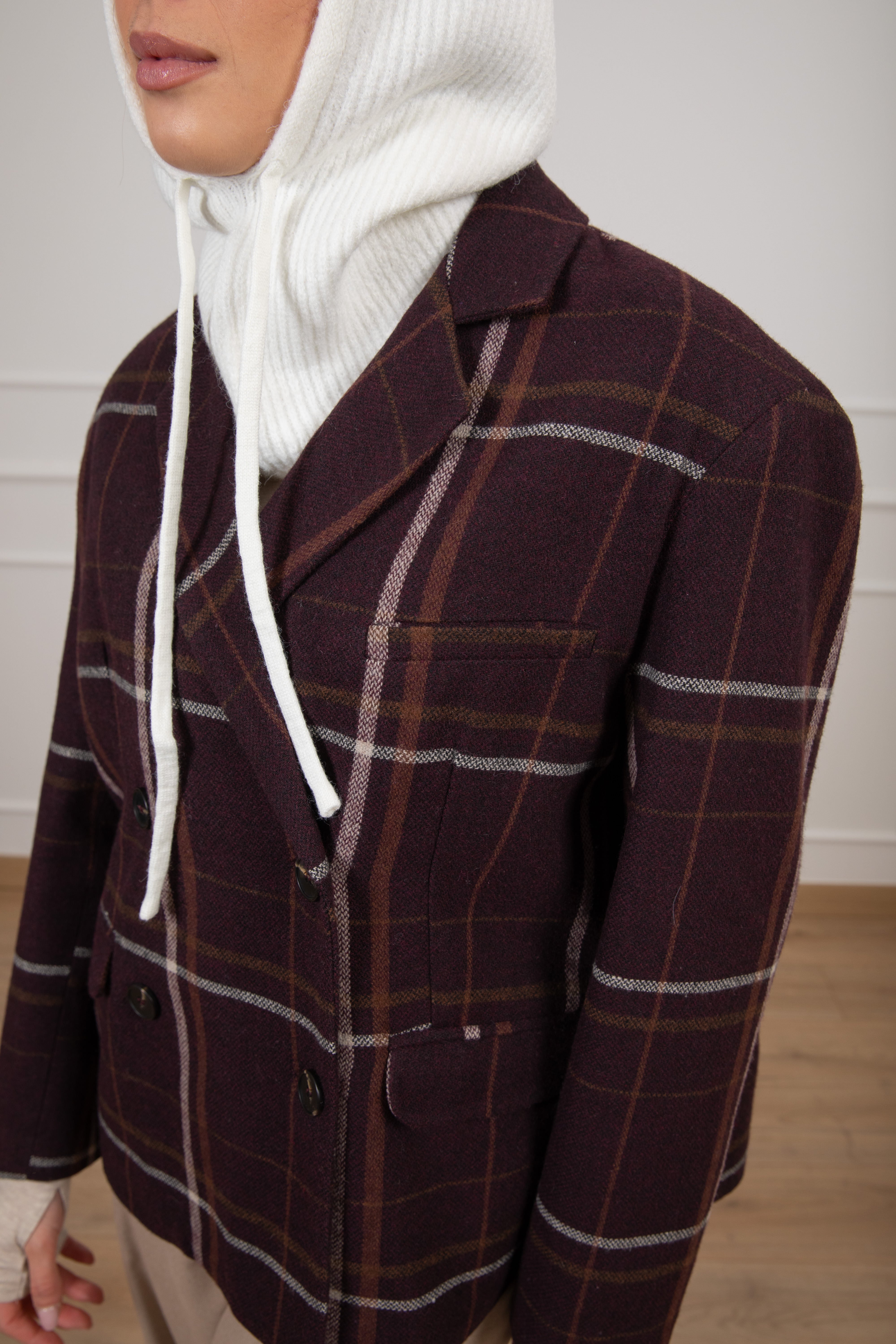 Giacca check bordeaux in lana con balaclava Tensione IN
