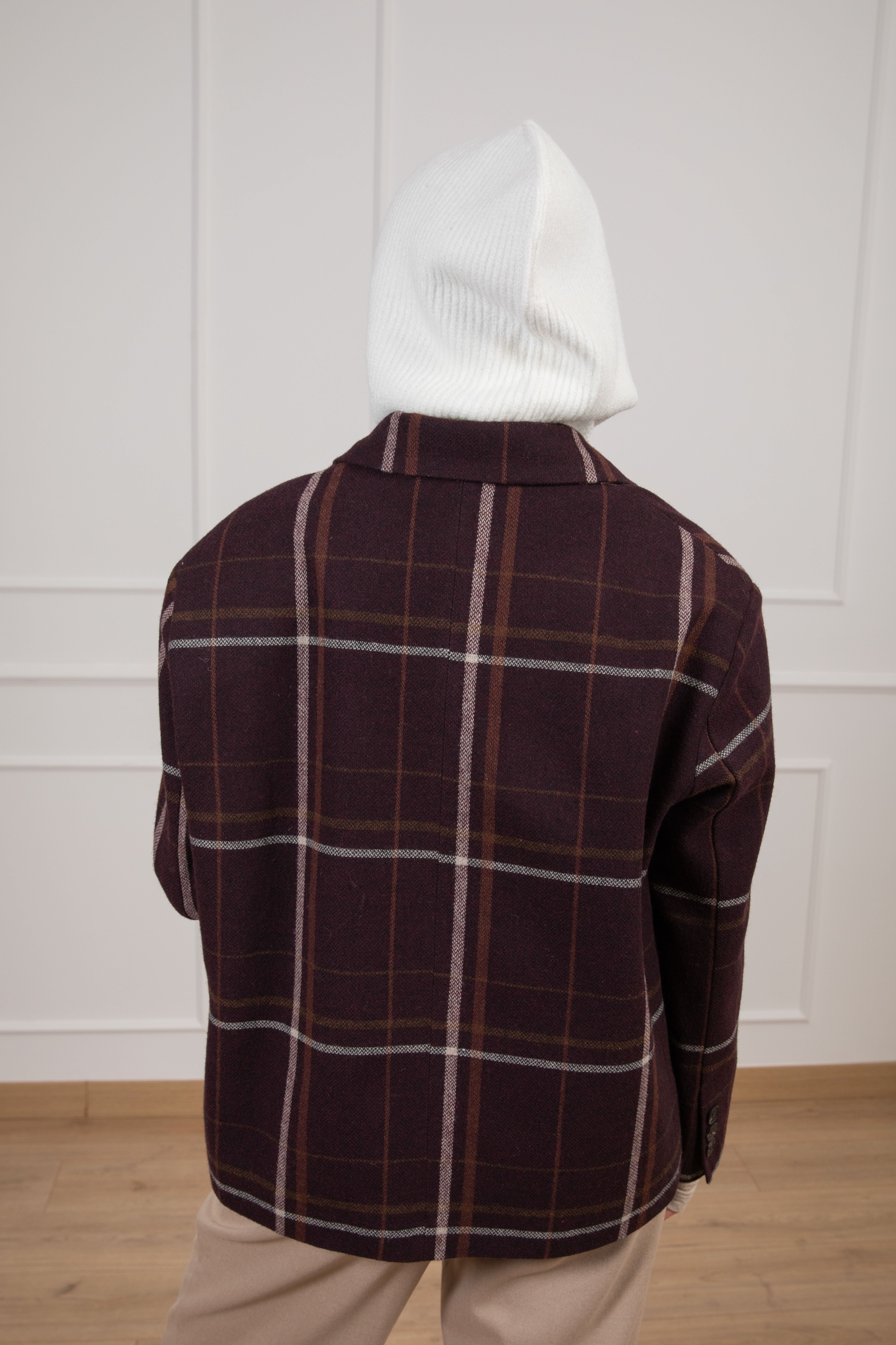 Giacca check bordeaux in lana con balaclava Tensione IN