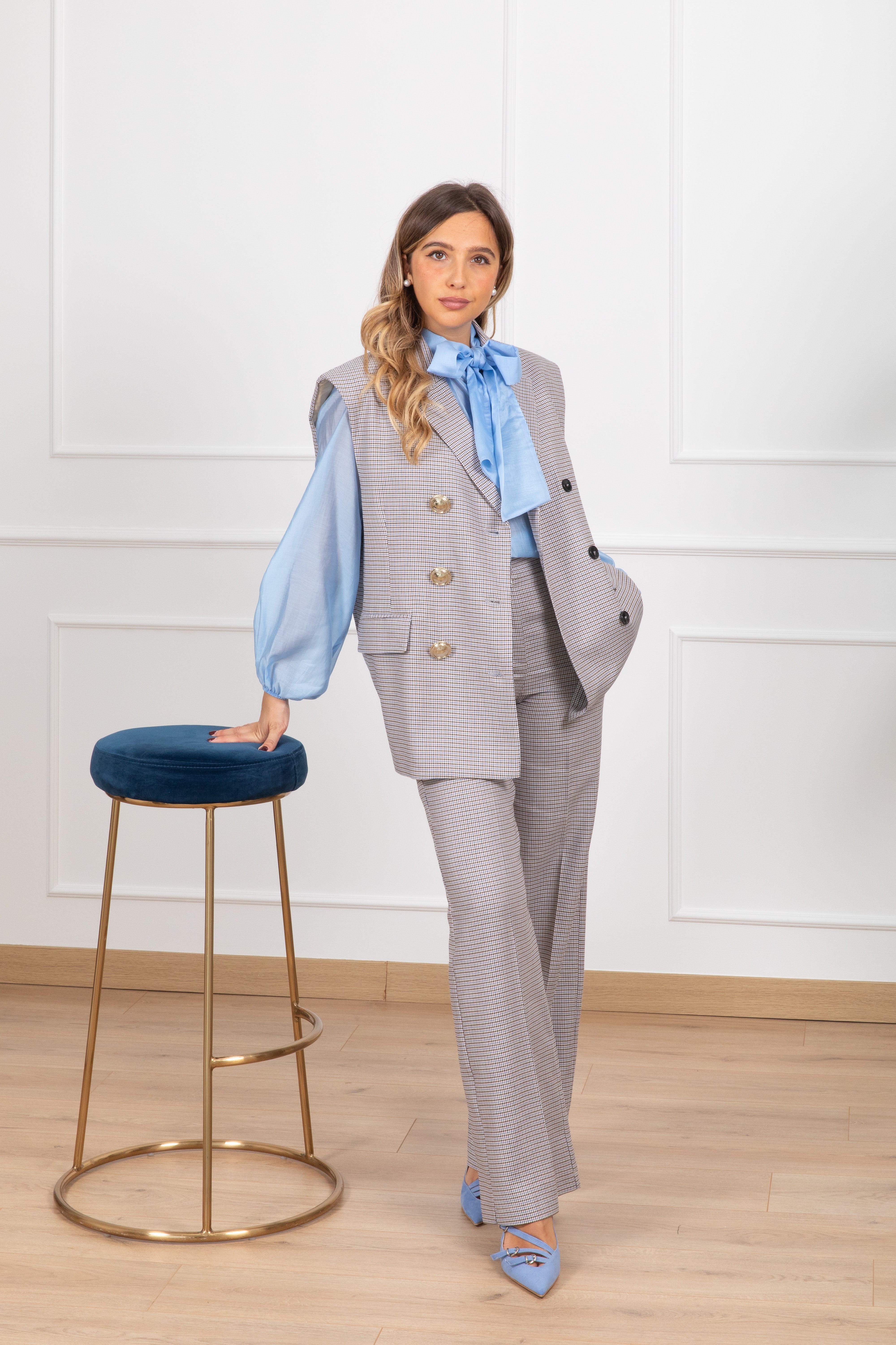 Pantalone gamba dritta micro-check multicolor ViCOLO