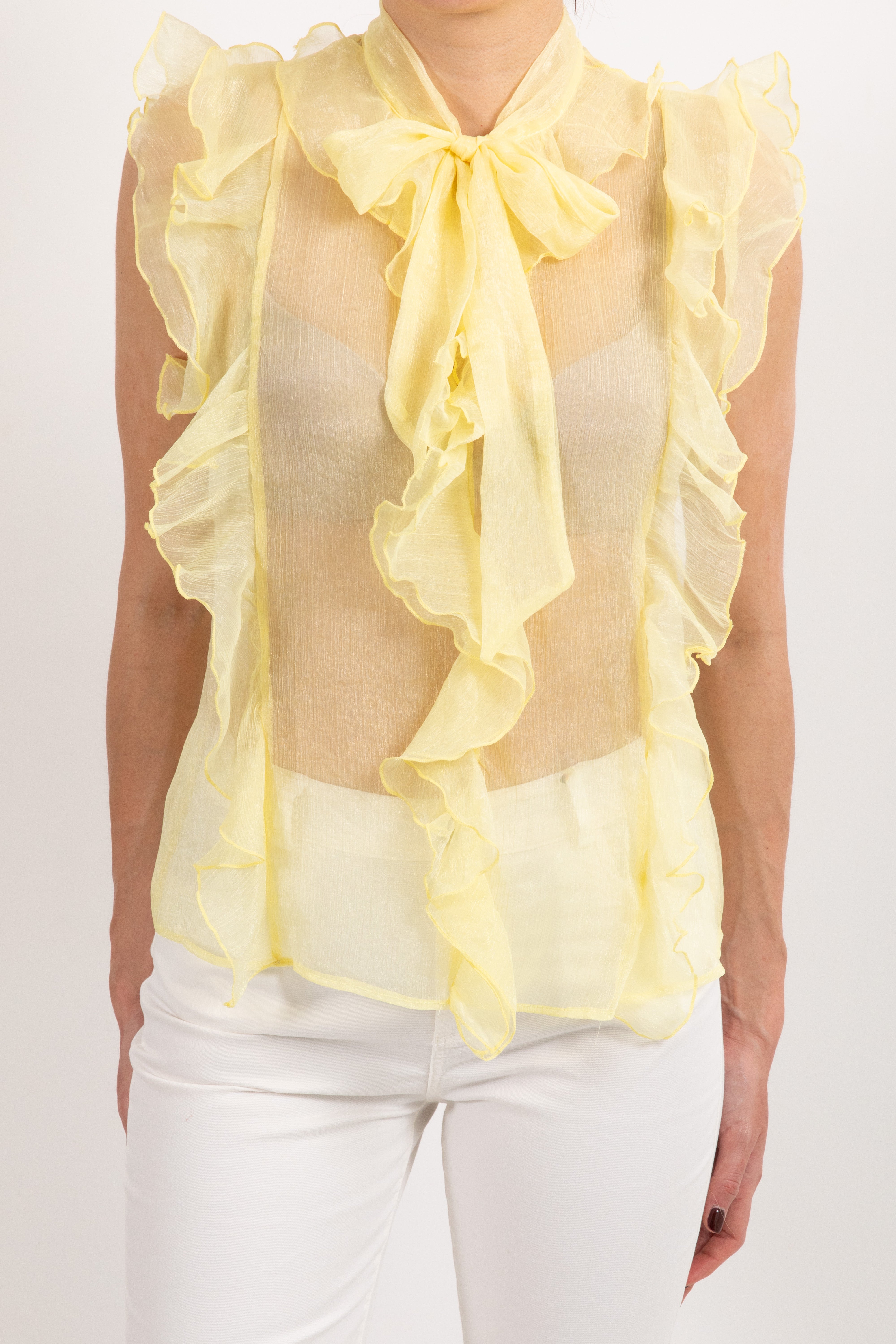 Blusa smanicata in organza con rouches e fiocco Susy Mix