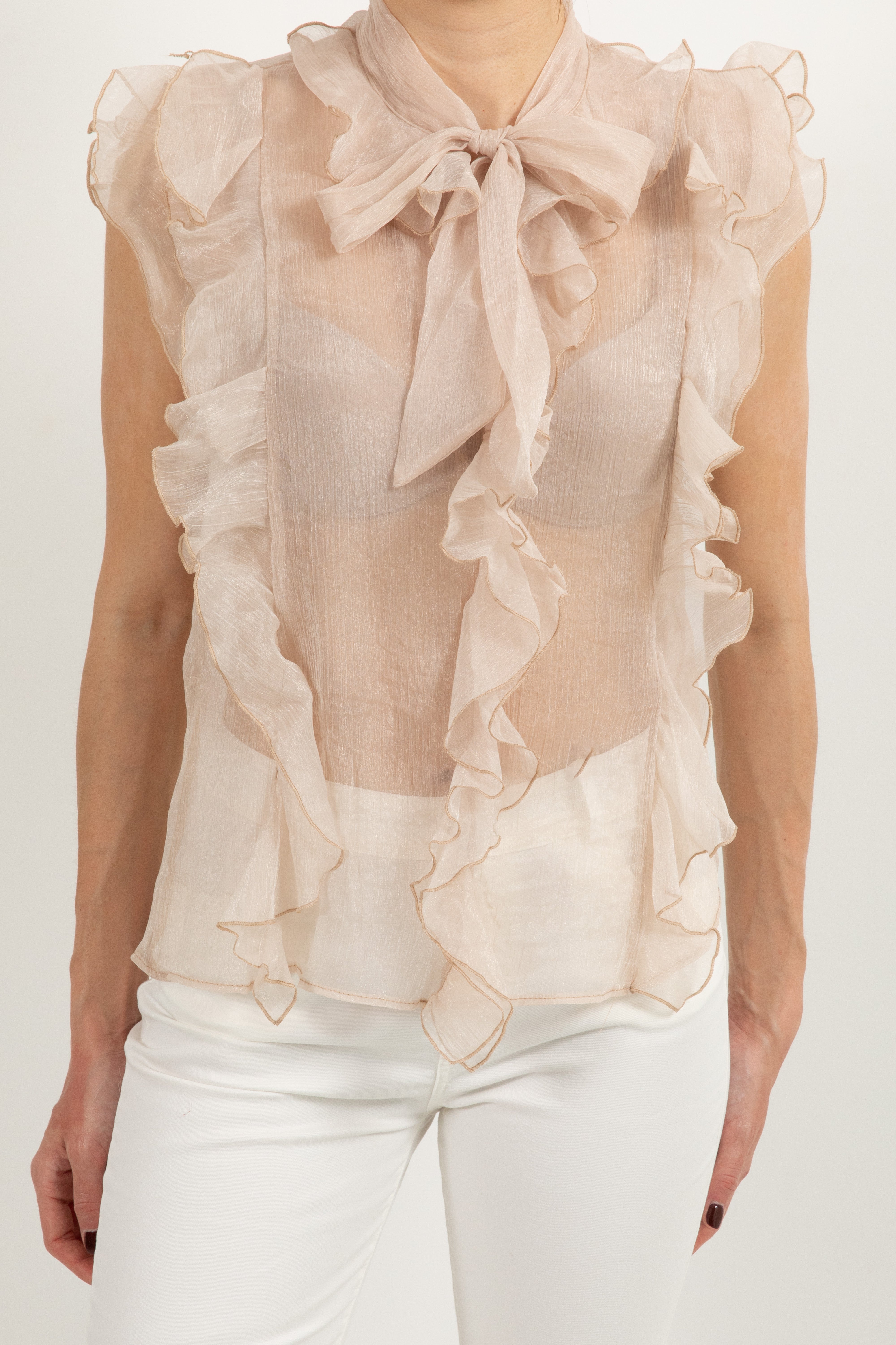 Blusa smanicata in organza con rouches e fiocco Susy Mix