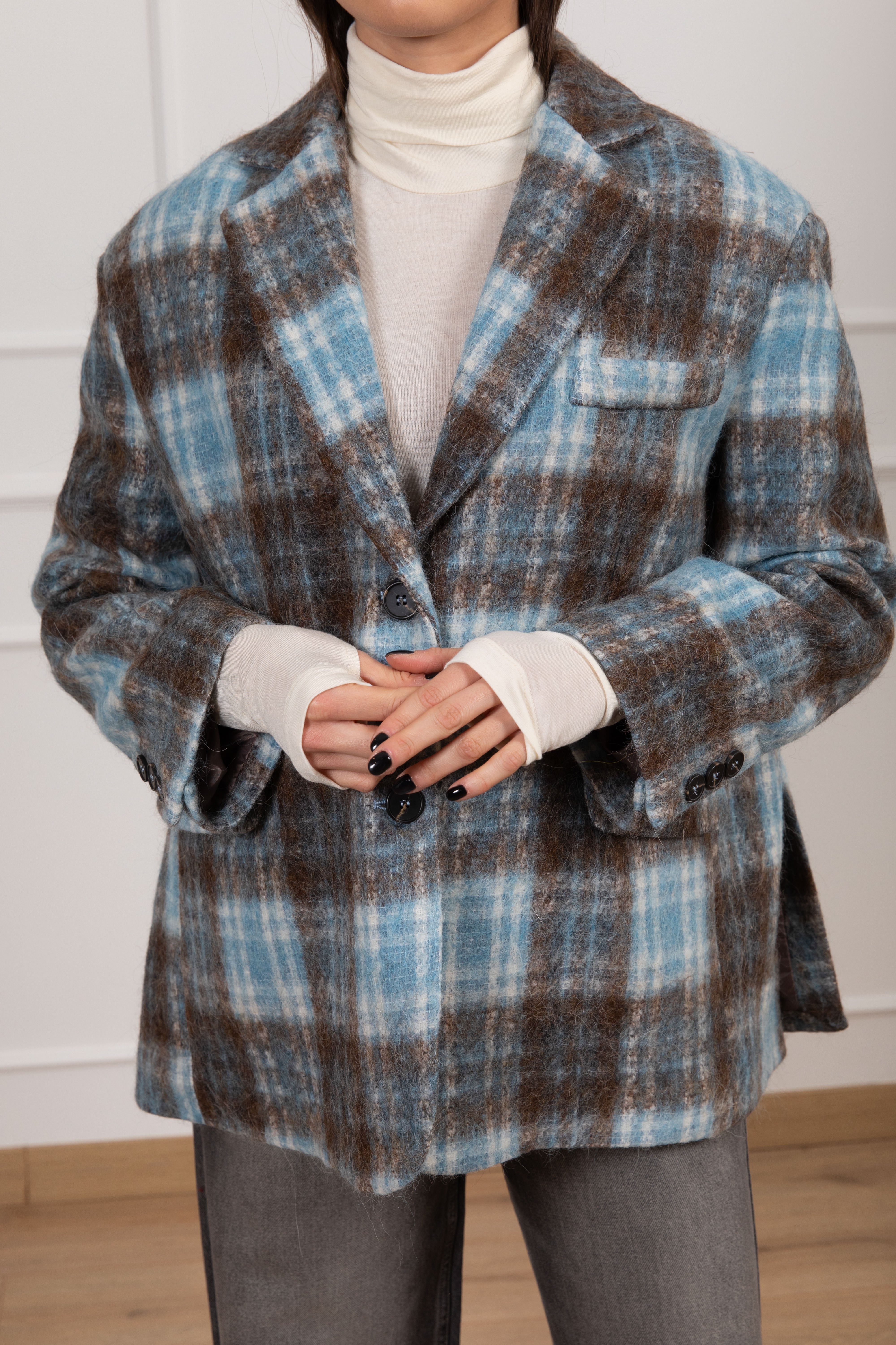 Giacca over-size 2 bottoni check azzurro in lana cotta Tensione IN