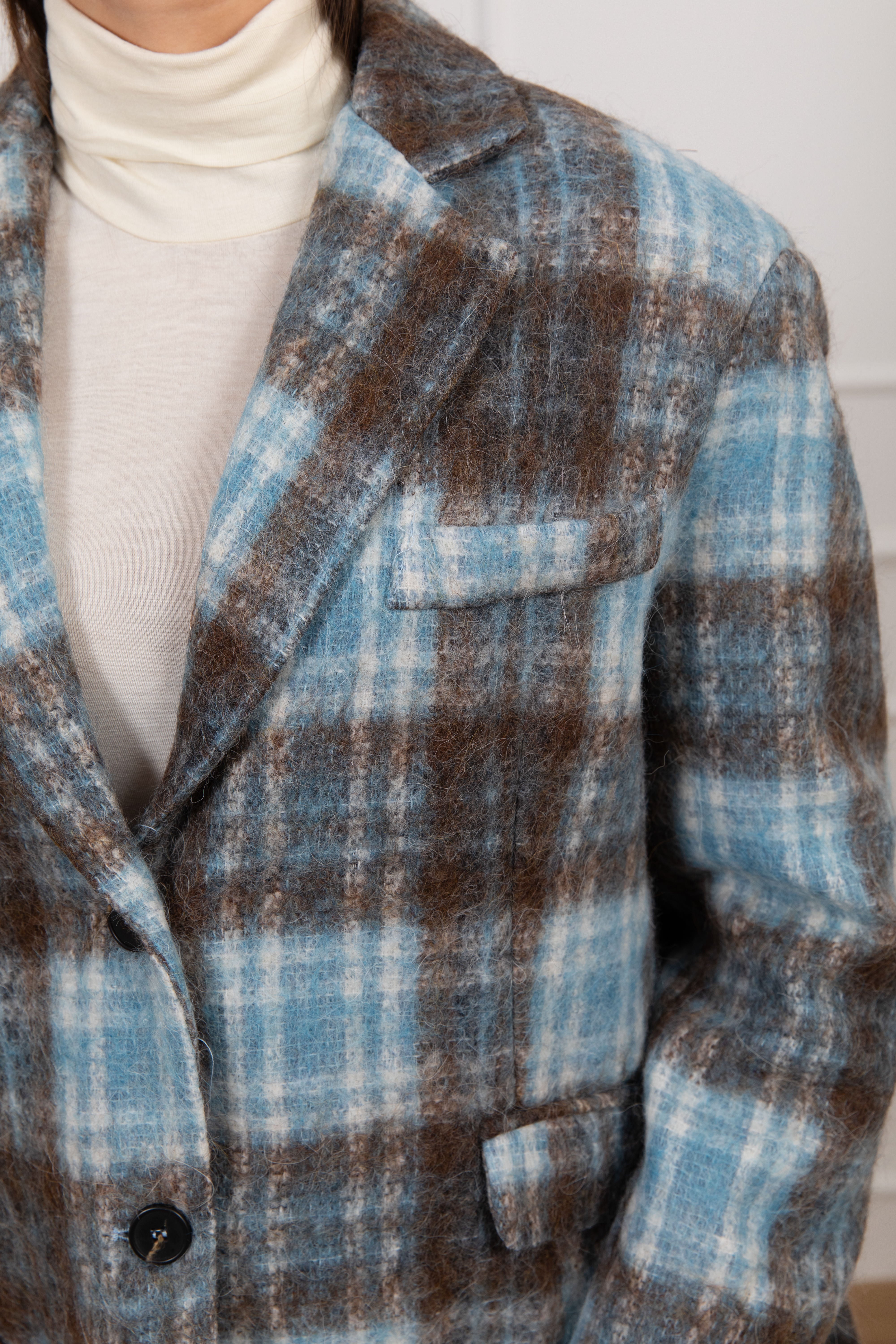 Giacca over-size 2 bottoni check azzurro in lana cotta Tensione IN