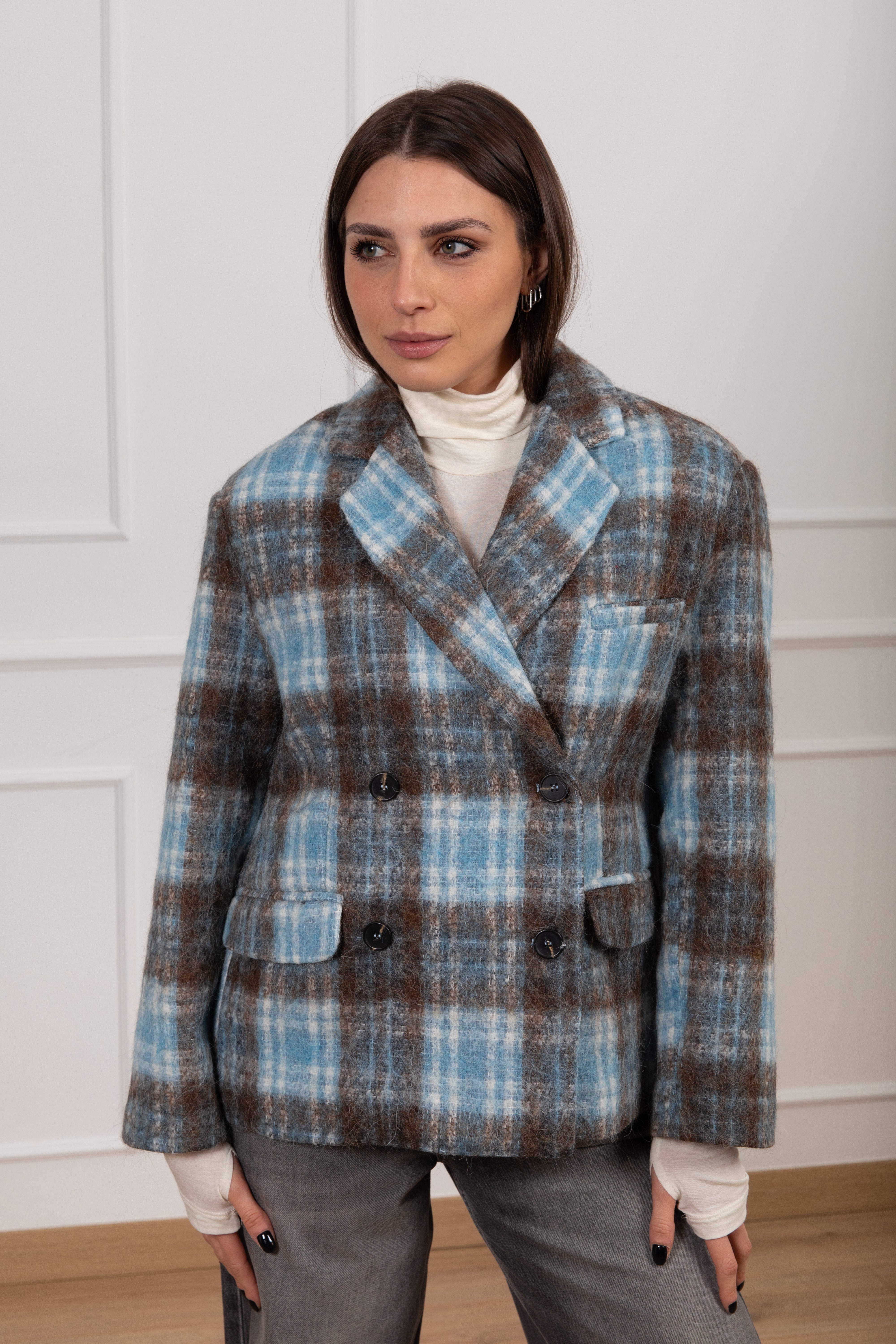 Giacca 4 bottoni check azzurro in lana cotta Tensione IN