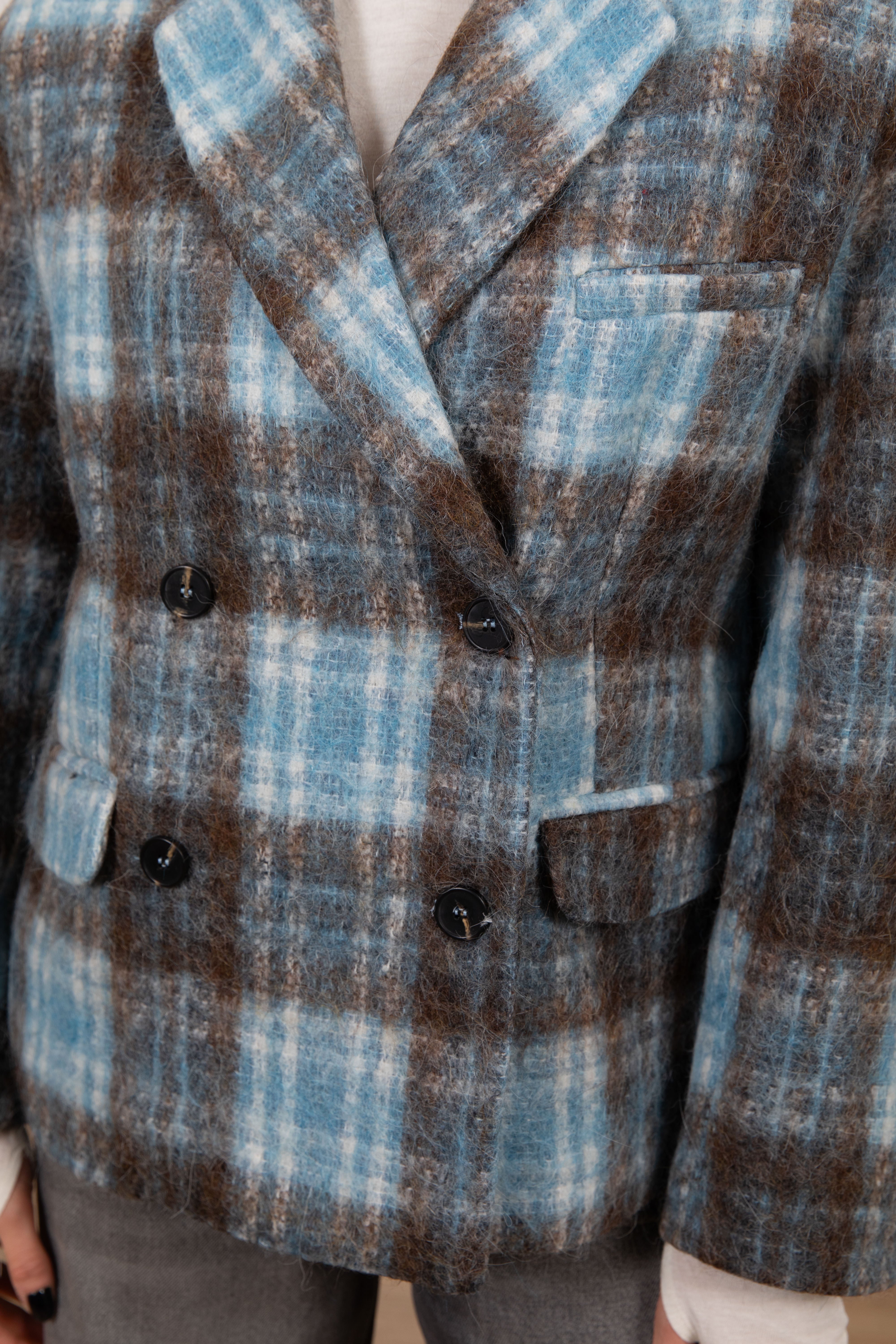 Giacca 4 bottoni check azzurro in lana cotta Tensione IN