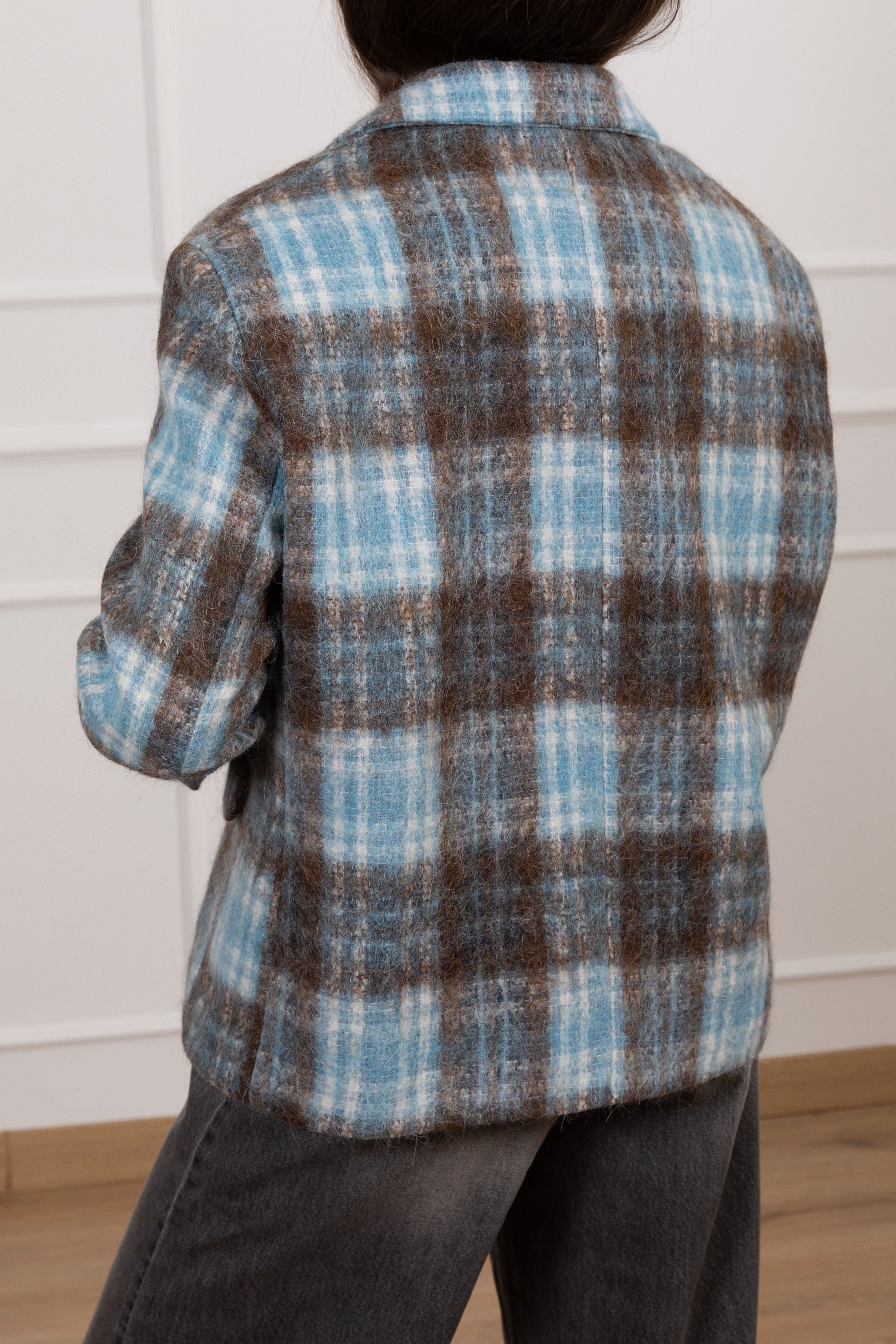 Giacca 4 bottoni check azzurro in lana cotta Tensione IN