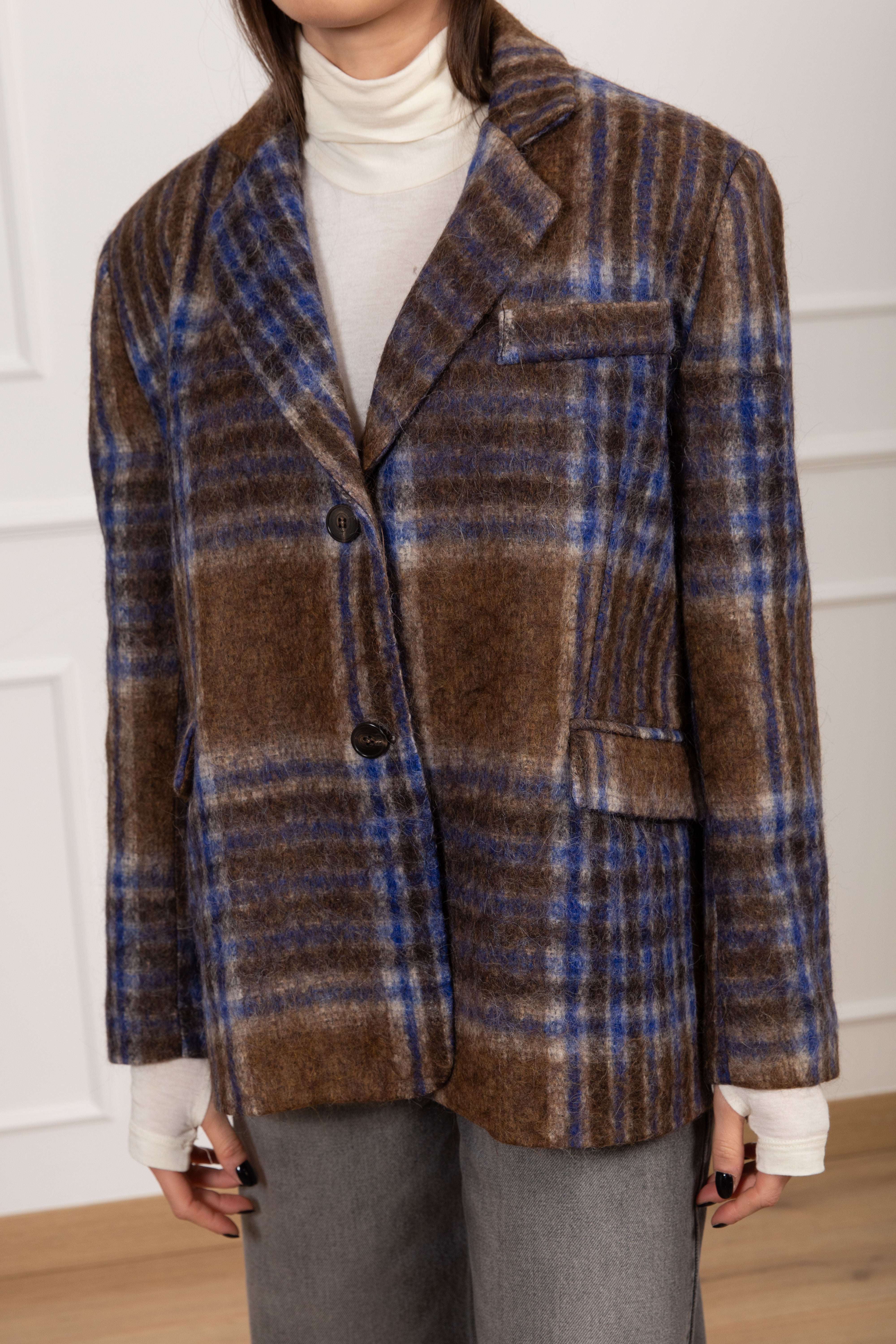 Giacca check bluette in lana pettinata Tensione IN