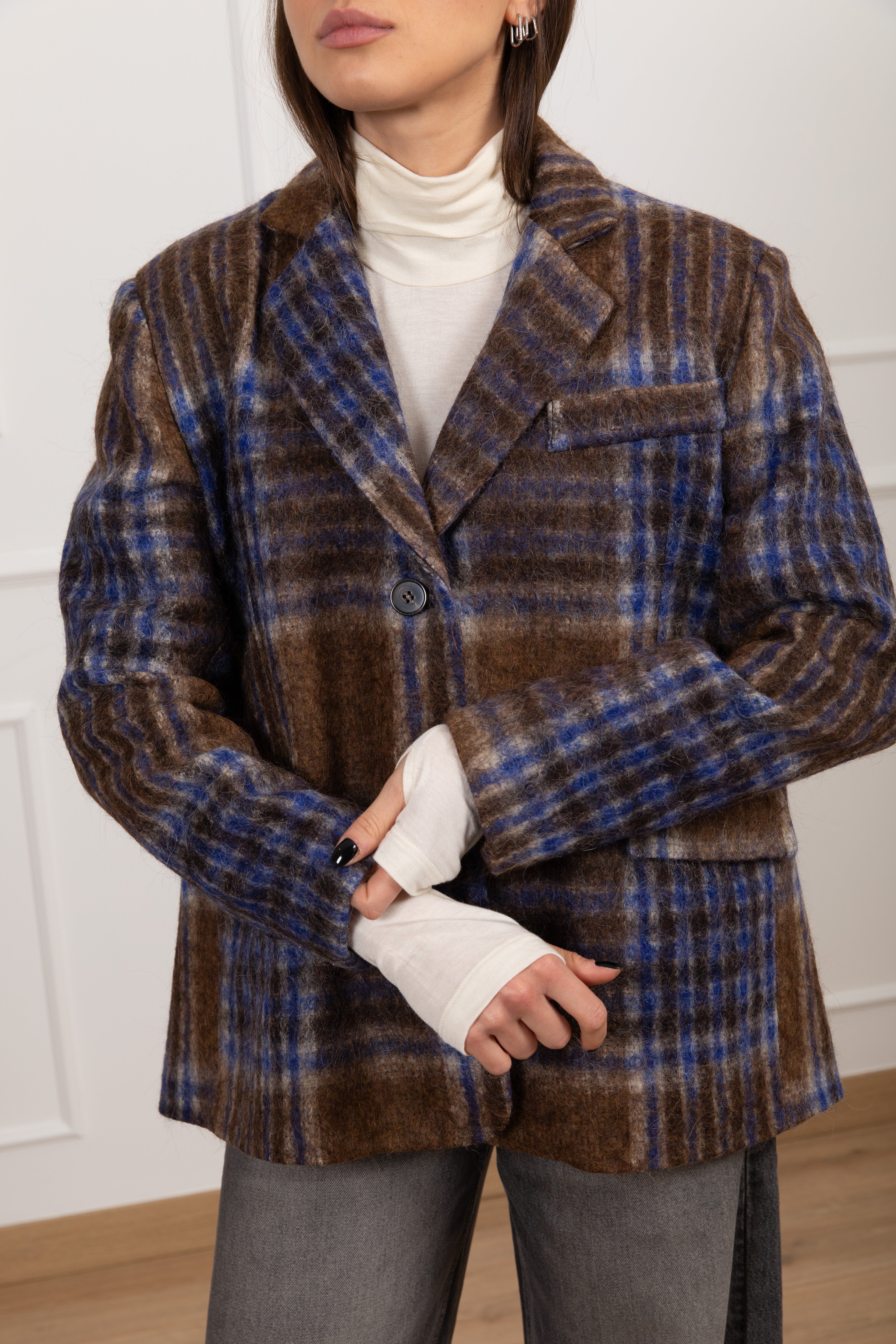 Giacca check bluette in lana pettinata Tensione IN