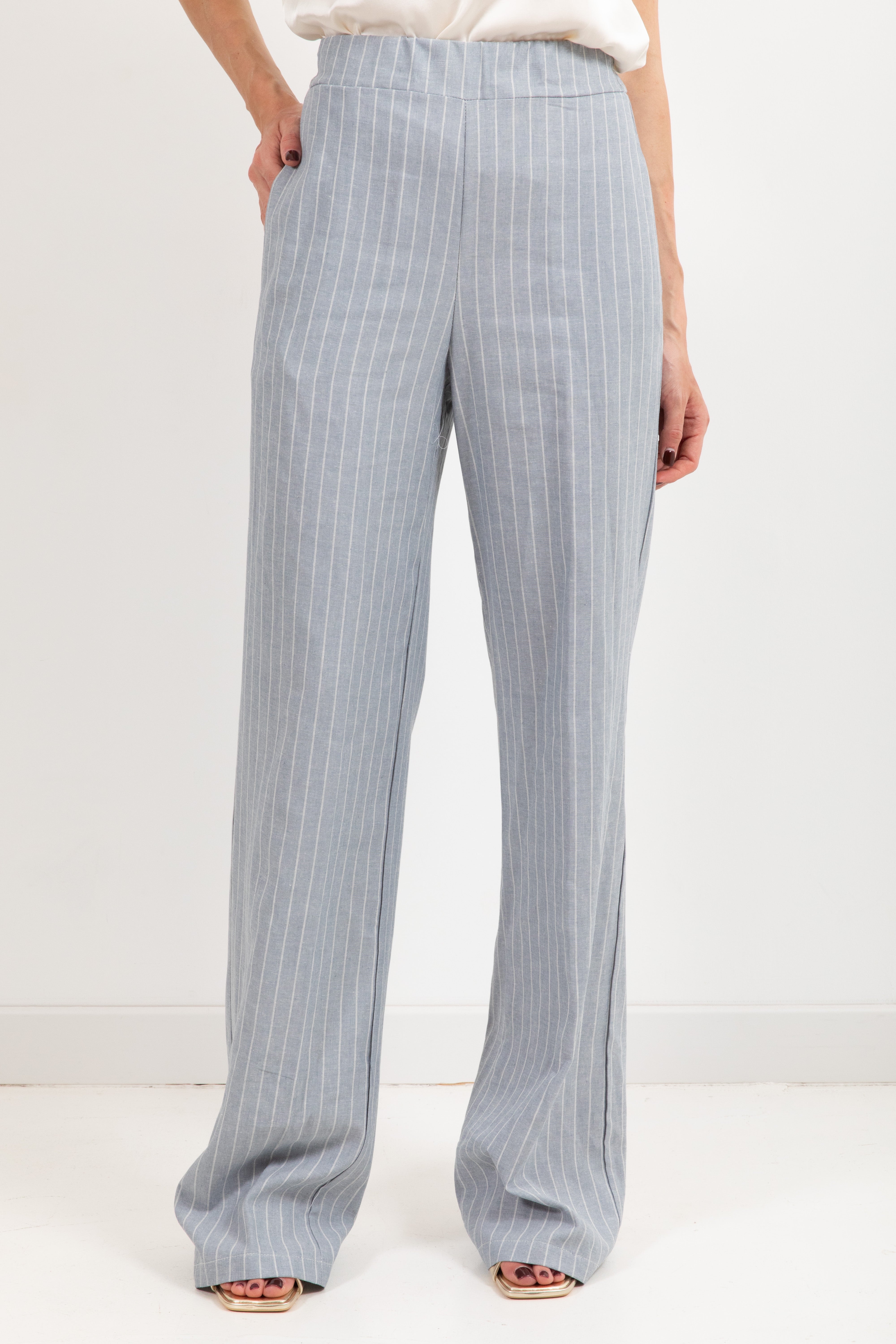 Coordinato gessato gilet con spilla e pantalone in lino e viscosa Susy Mix