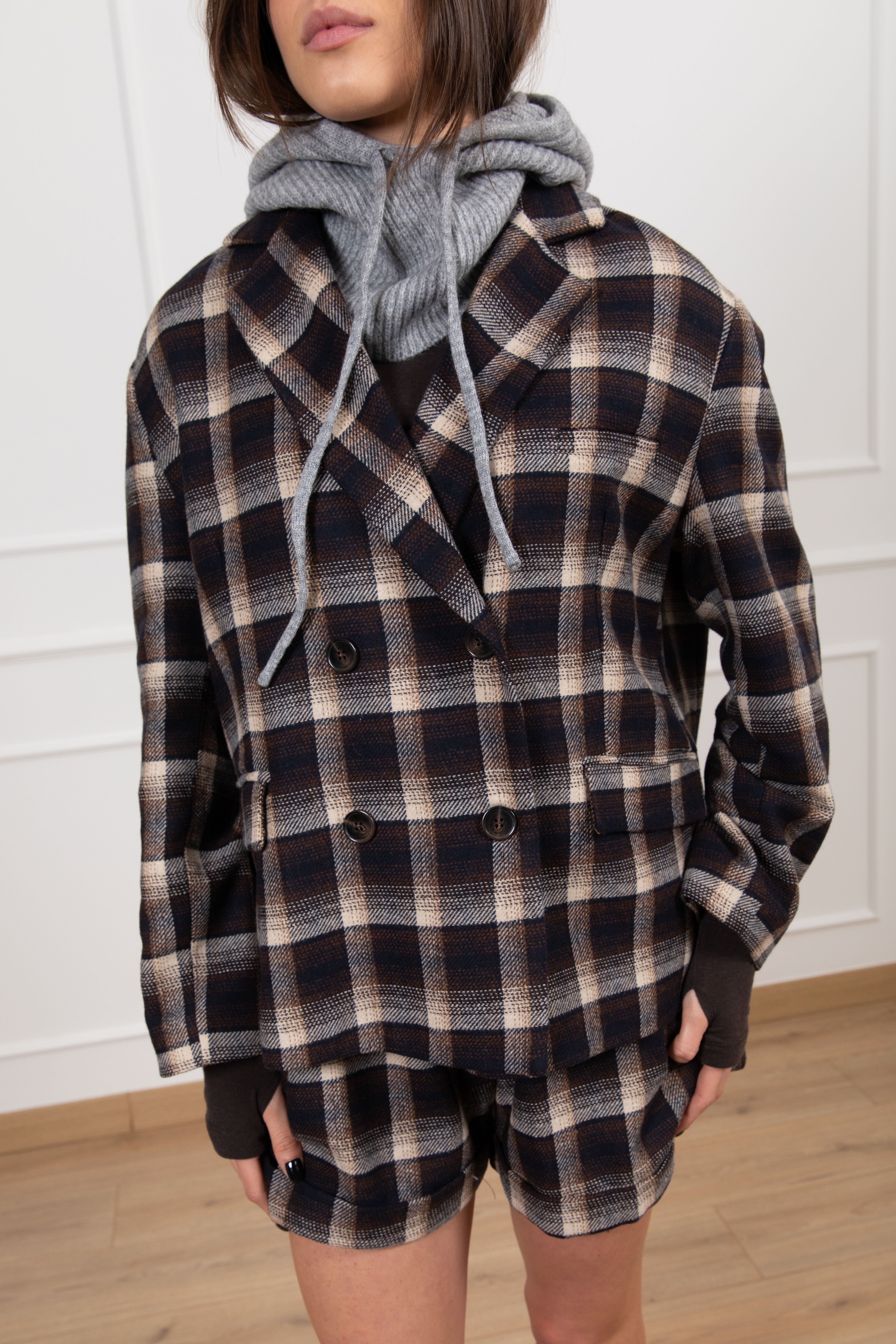 Giacca check moro in lana con balaclava Tensione IN