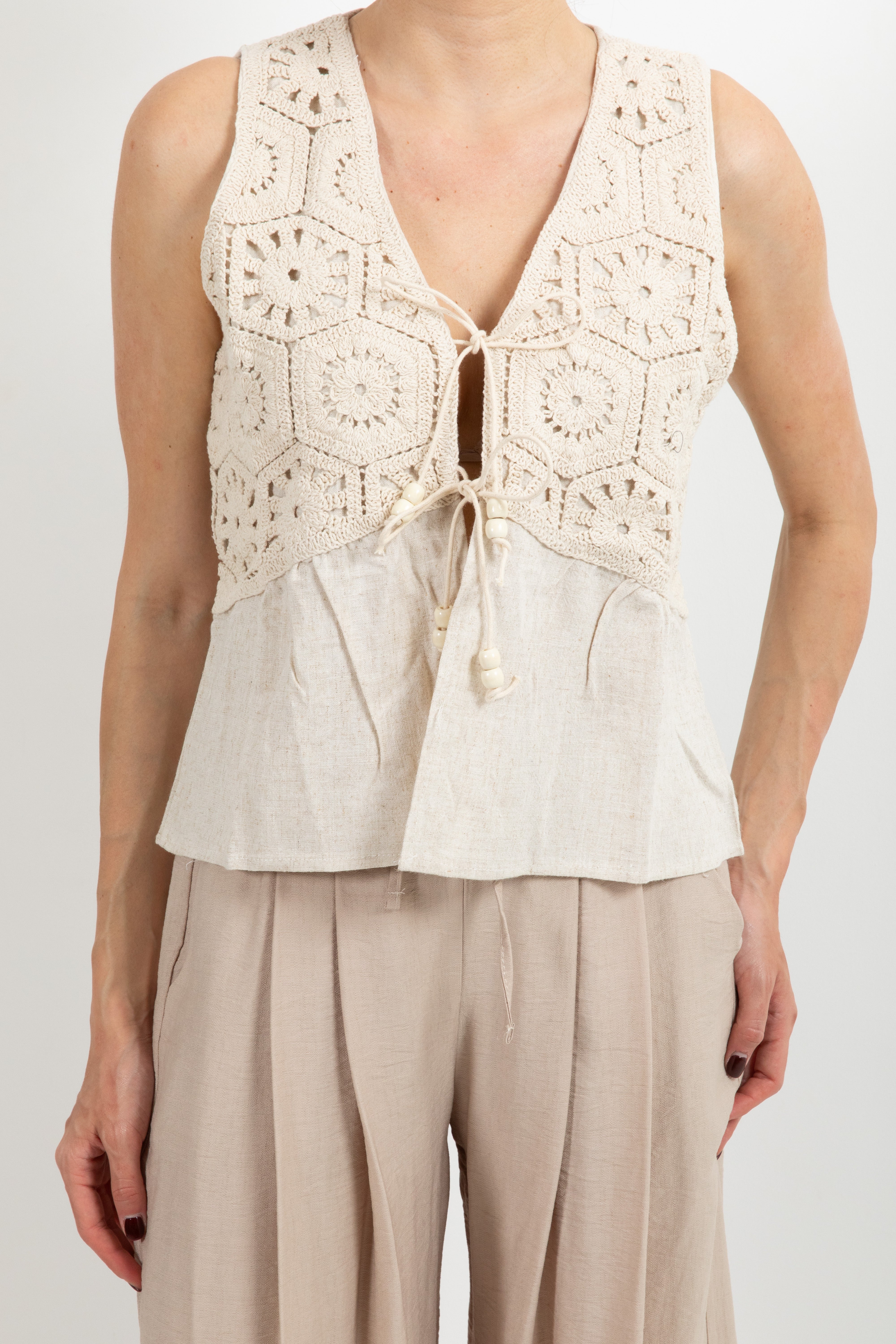 Gilet in lino e viscosa con inserti macramè Susy Mix