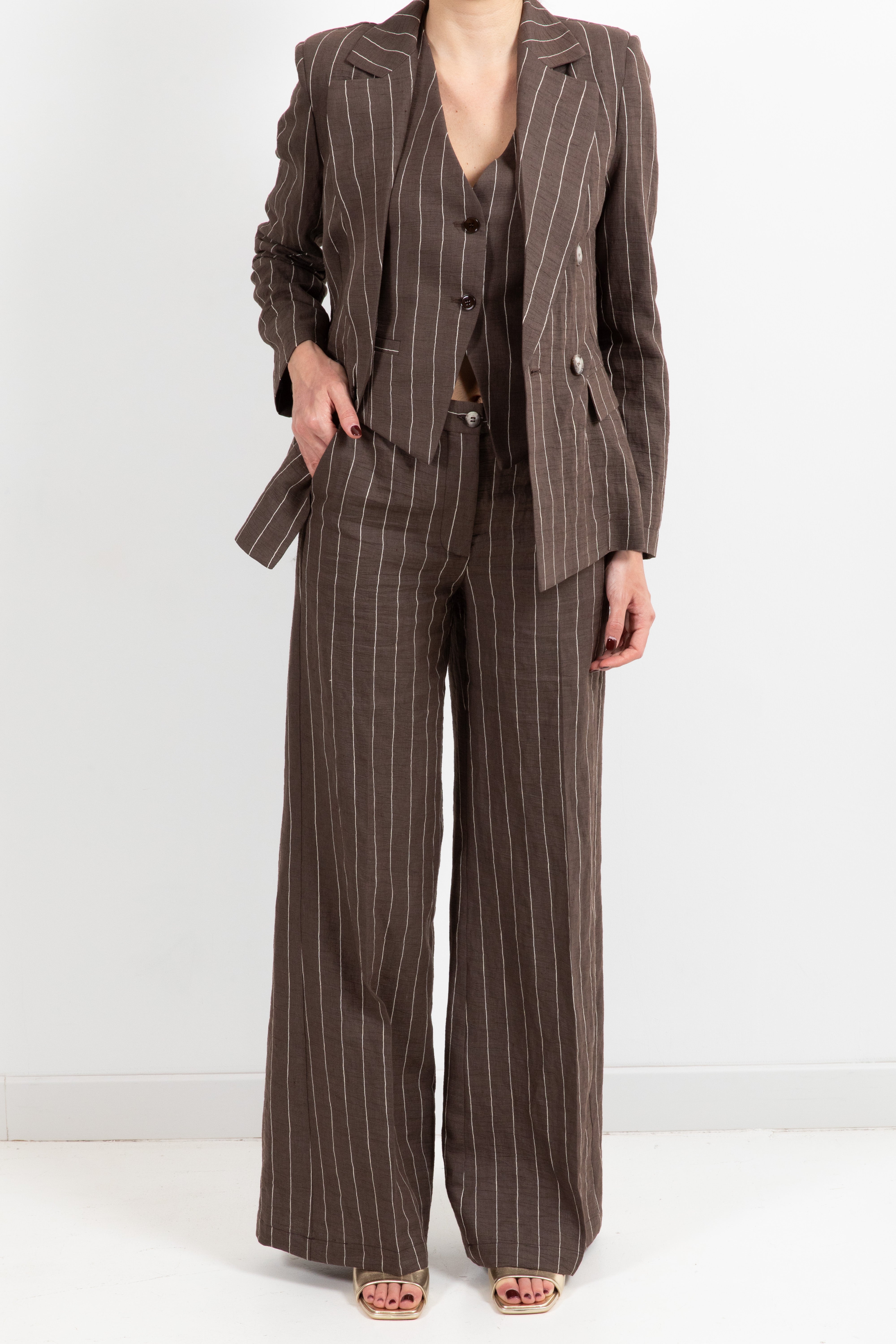 Pantalone gamba dritta gessato moro in lino e cotone ViCOLO