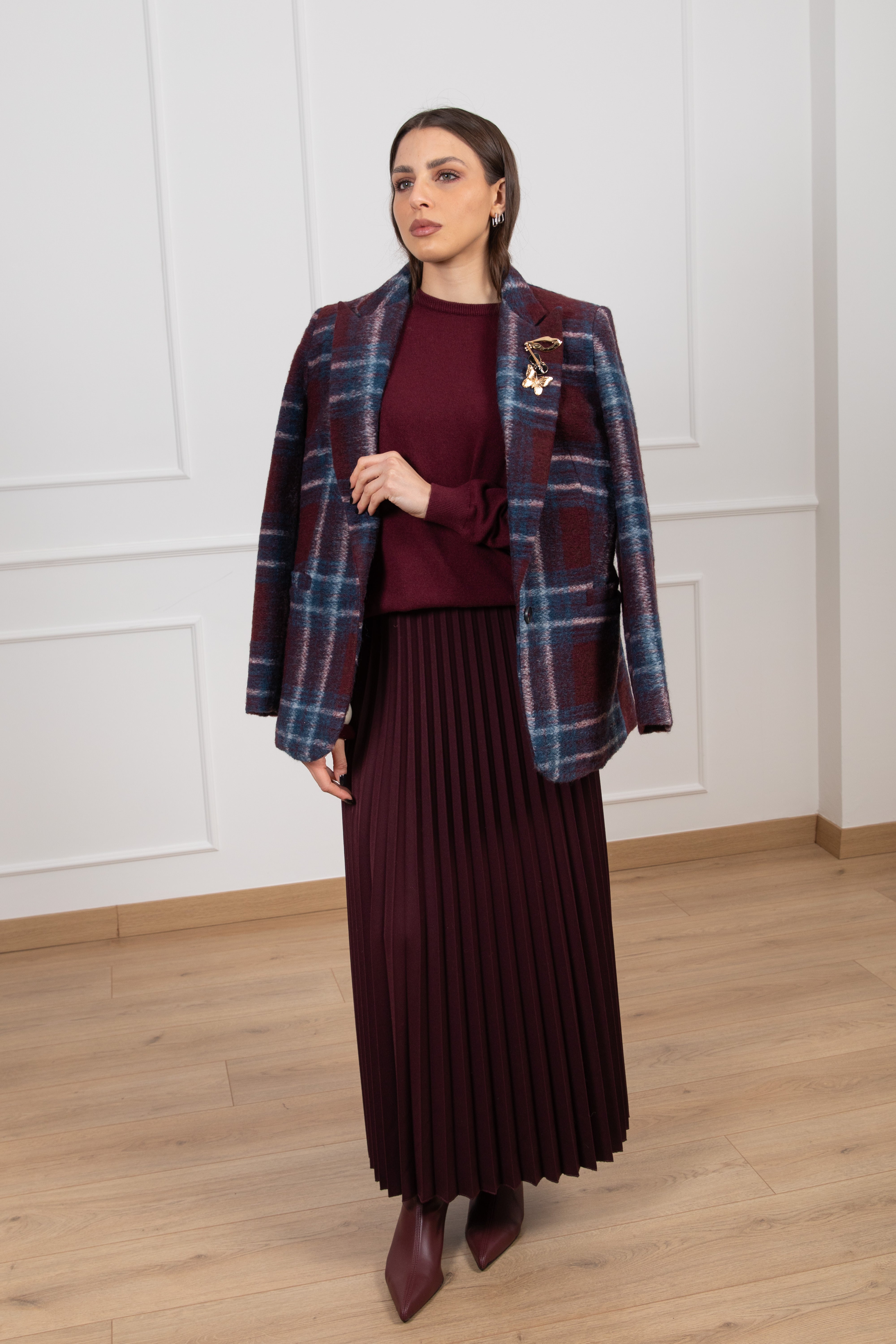 Giacca-cappotto check mono-bottone in lana con spille Susy Mix