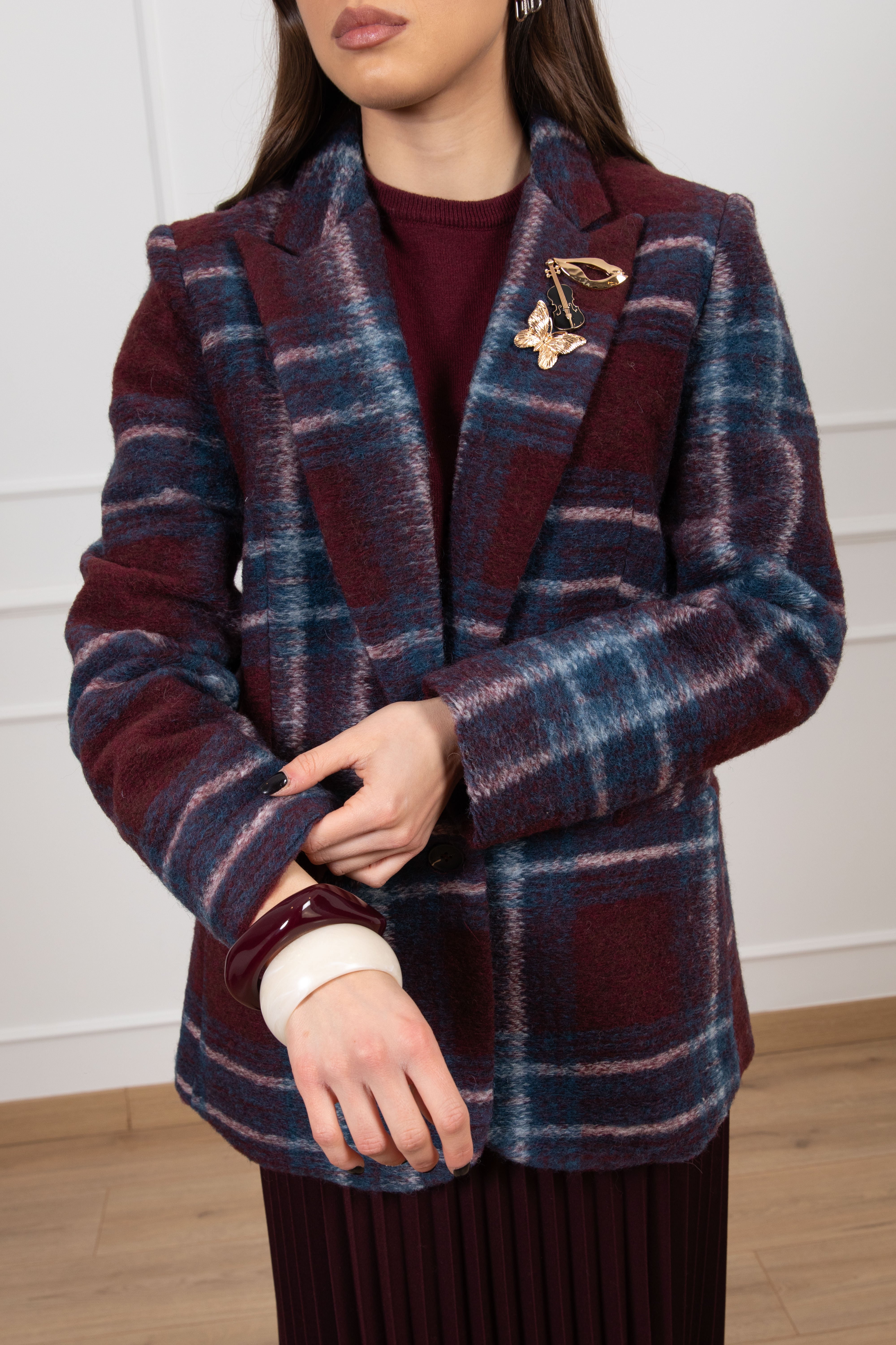 Giacca-cappotto check mono-bottone in lana con spille Susy Mix