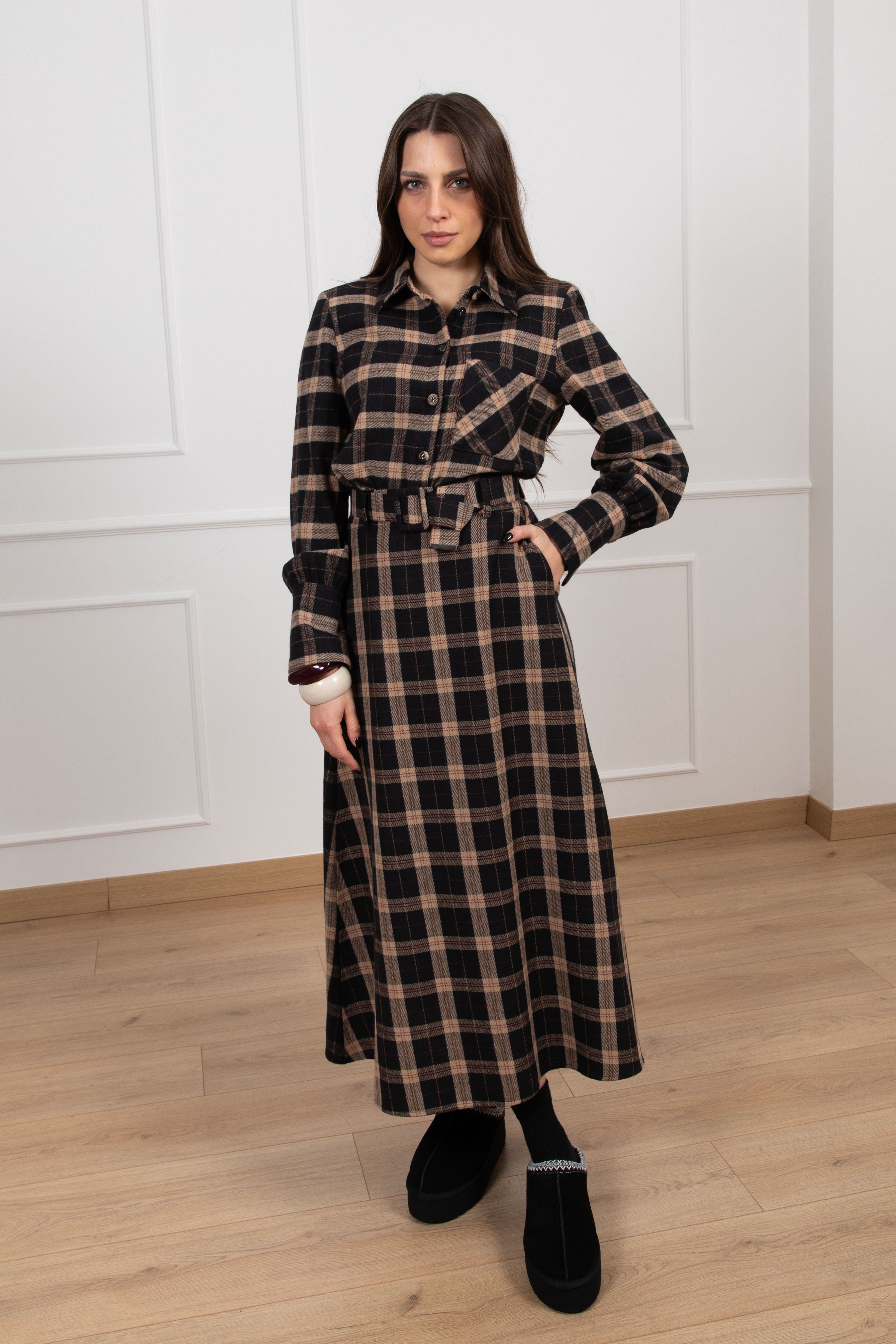 Gonna lunga check cammello Susy Mix