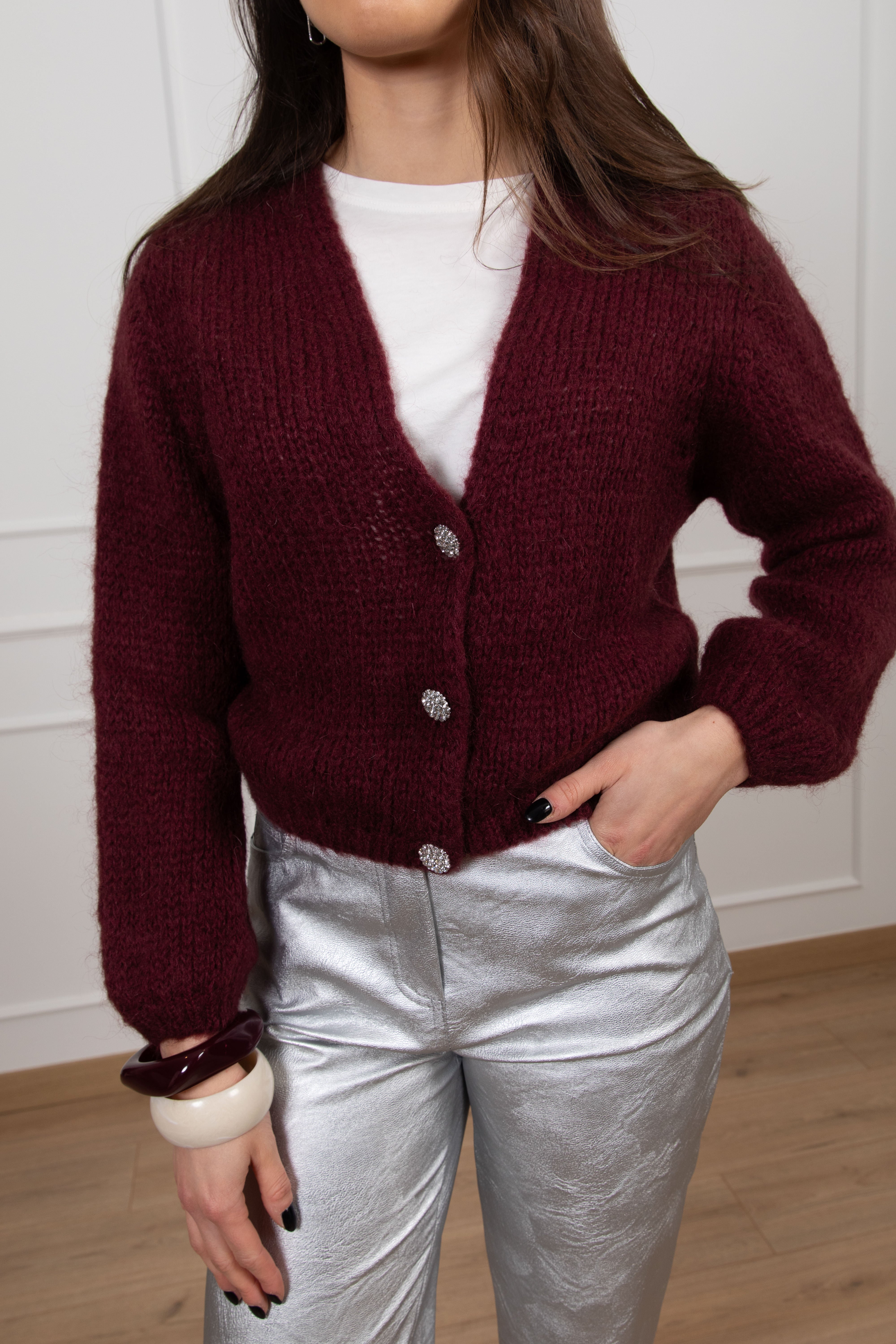 Cardigan cropped in mohair con bottoni gioiello Susy Mix