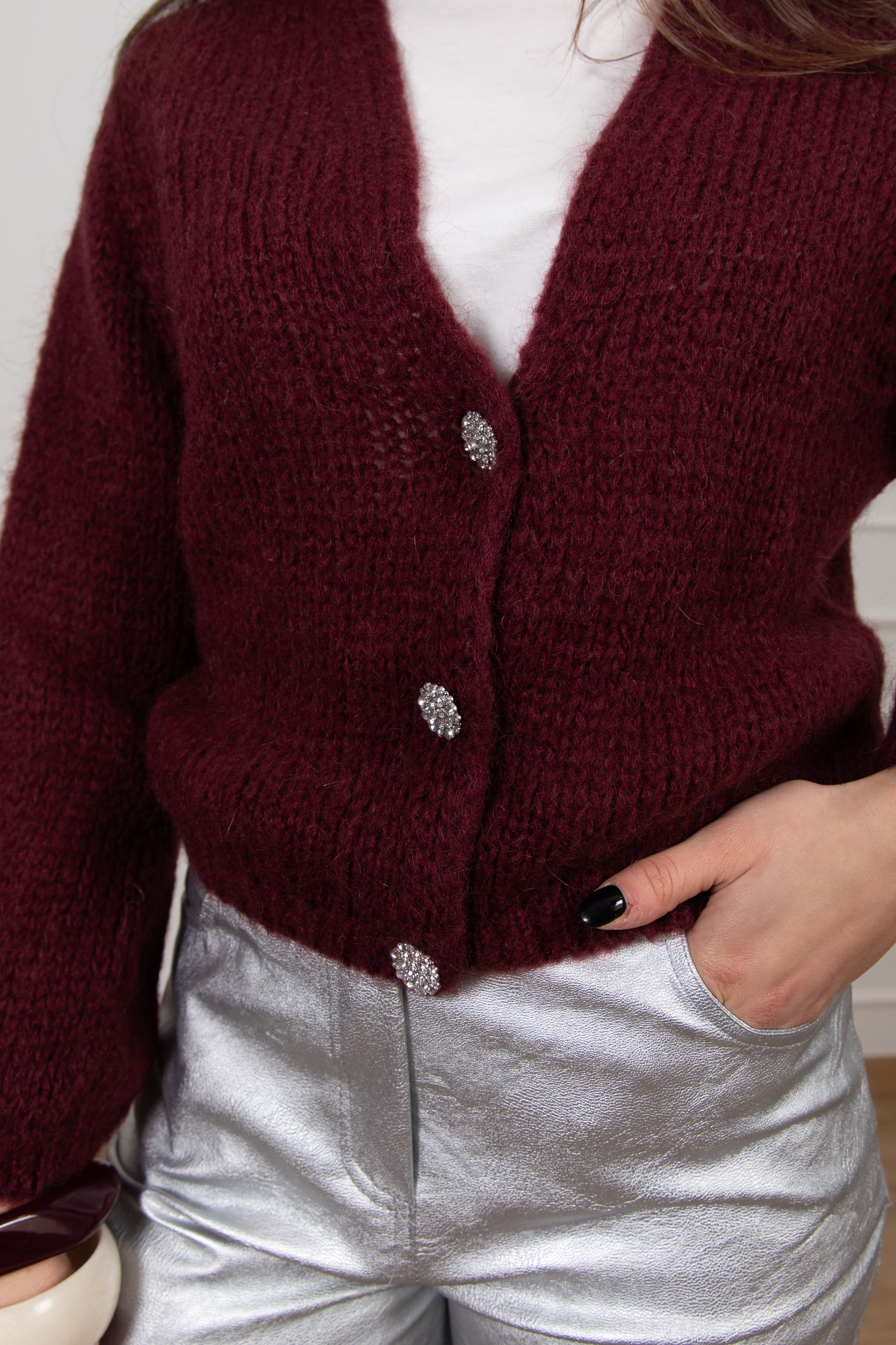 Cardigan cropped in mohair con bottoni gioiello Susy Mix