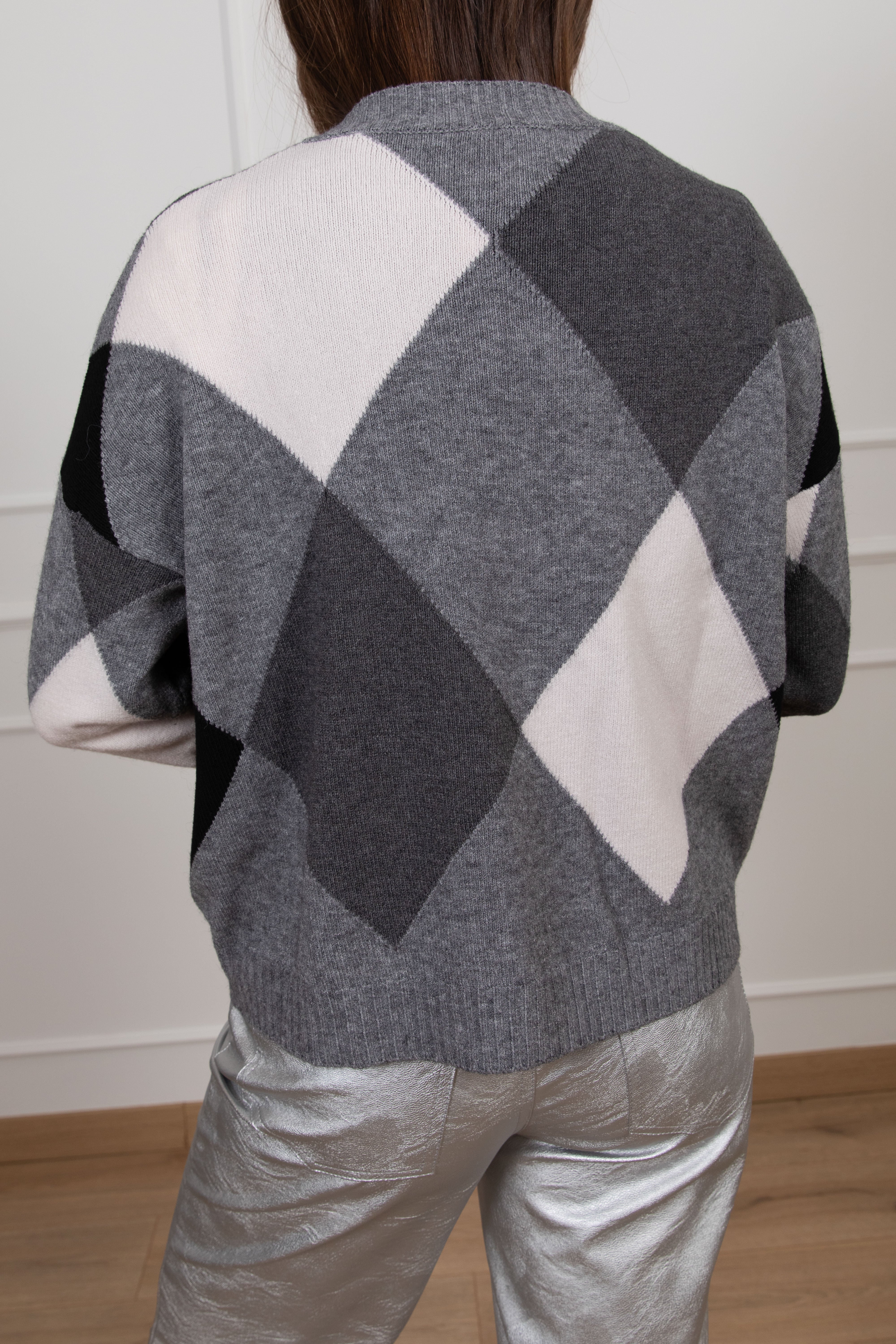 Cardigan in viscosa a rombi con bottoni gioiello Susy Mix