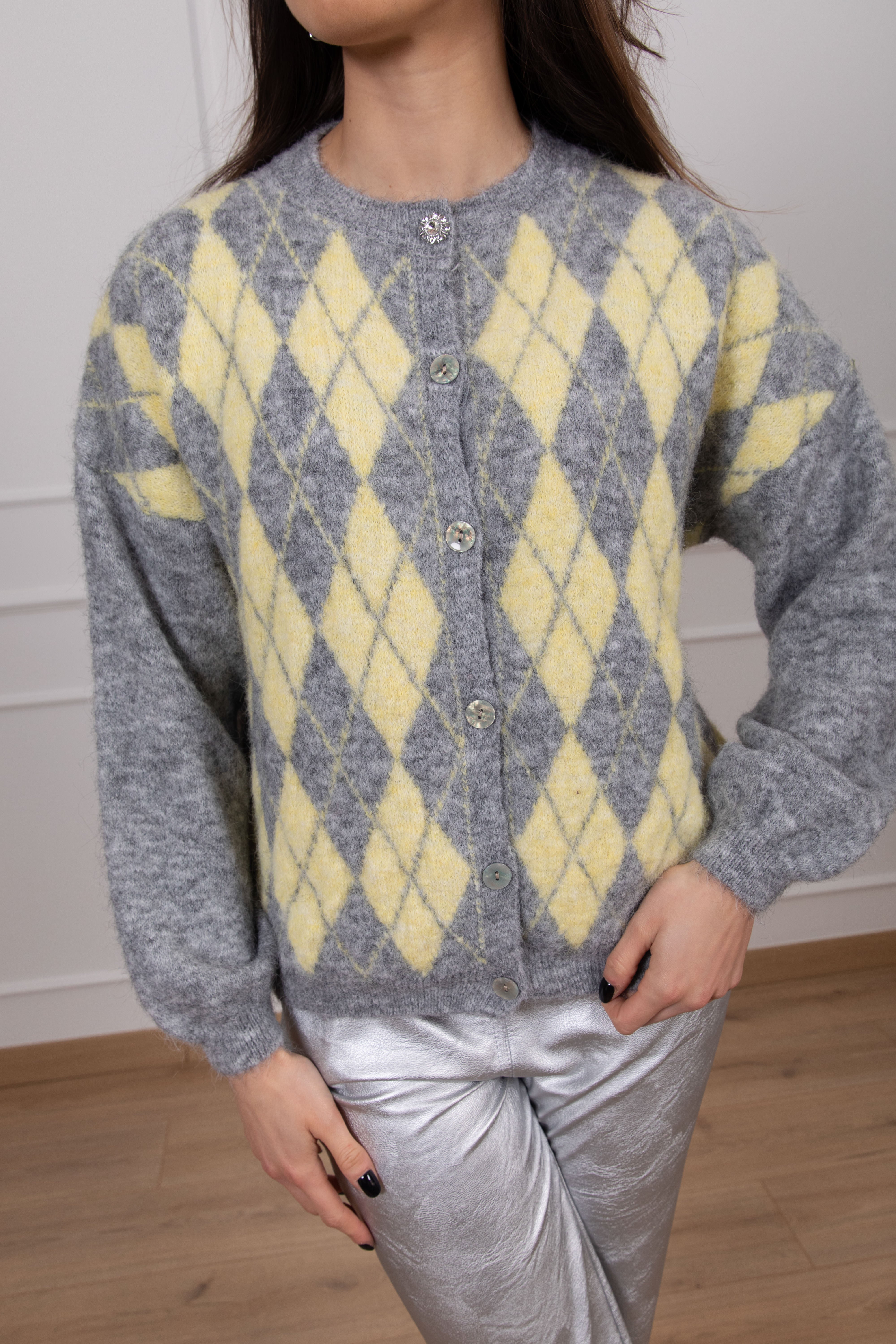 Cardigan a rombi con bottone gioiello Susy Mix