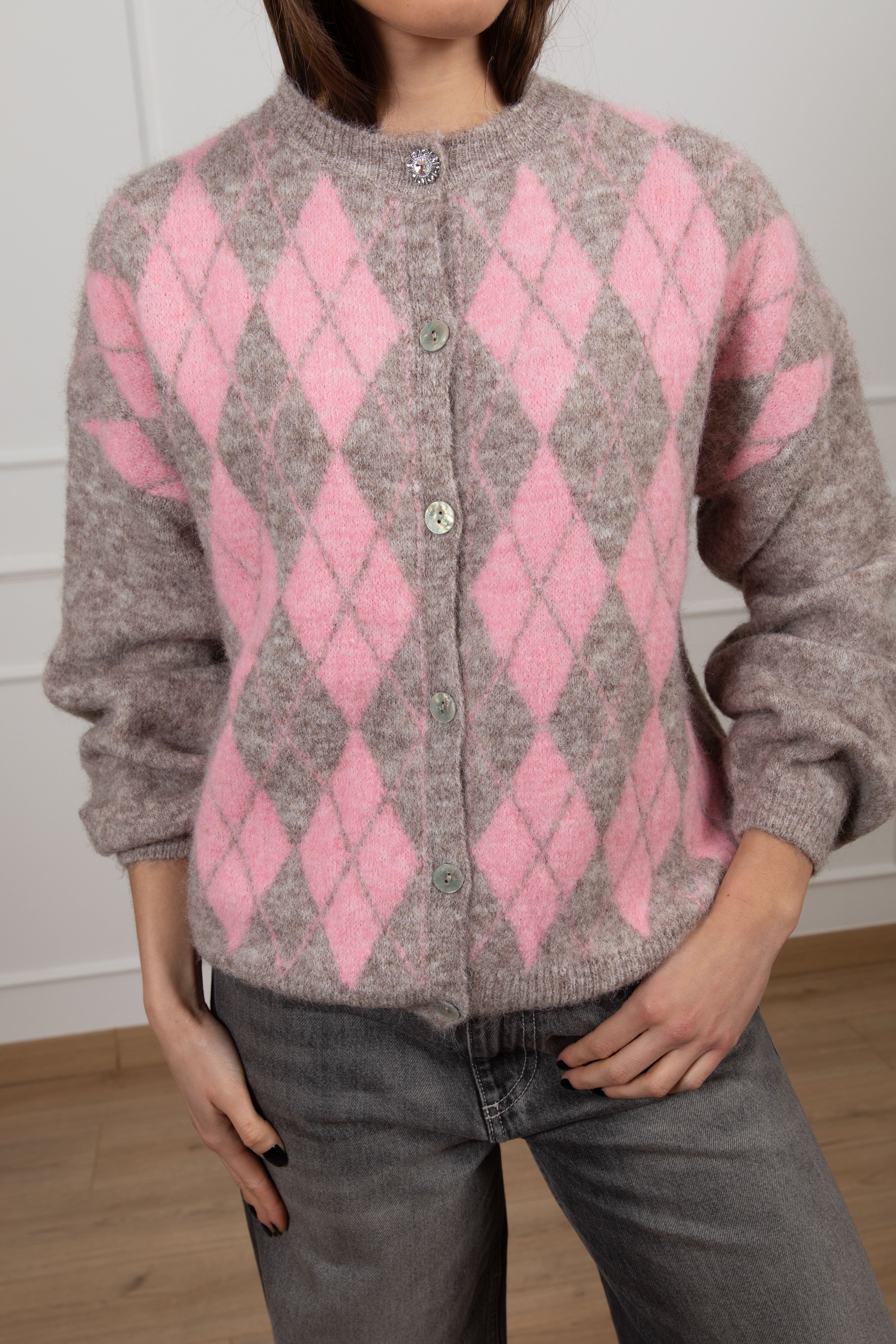 Cardigan a rombi con bottone gioiello Susy Mix