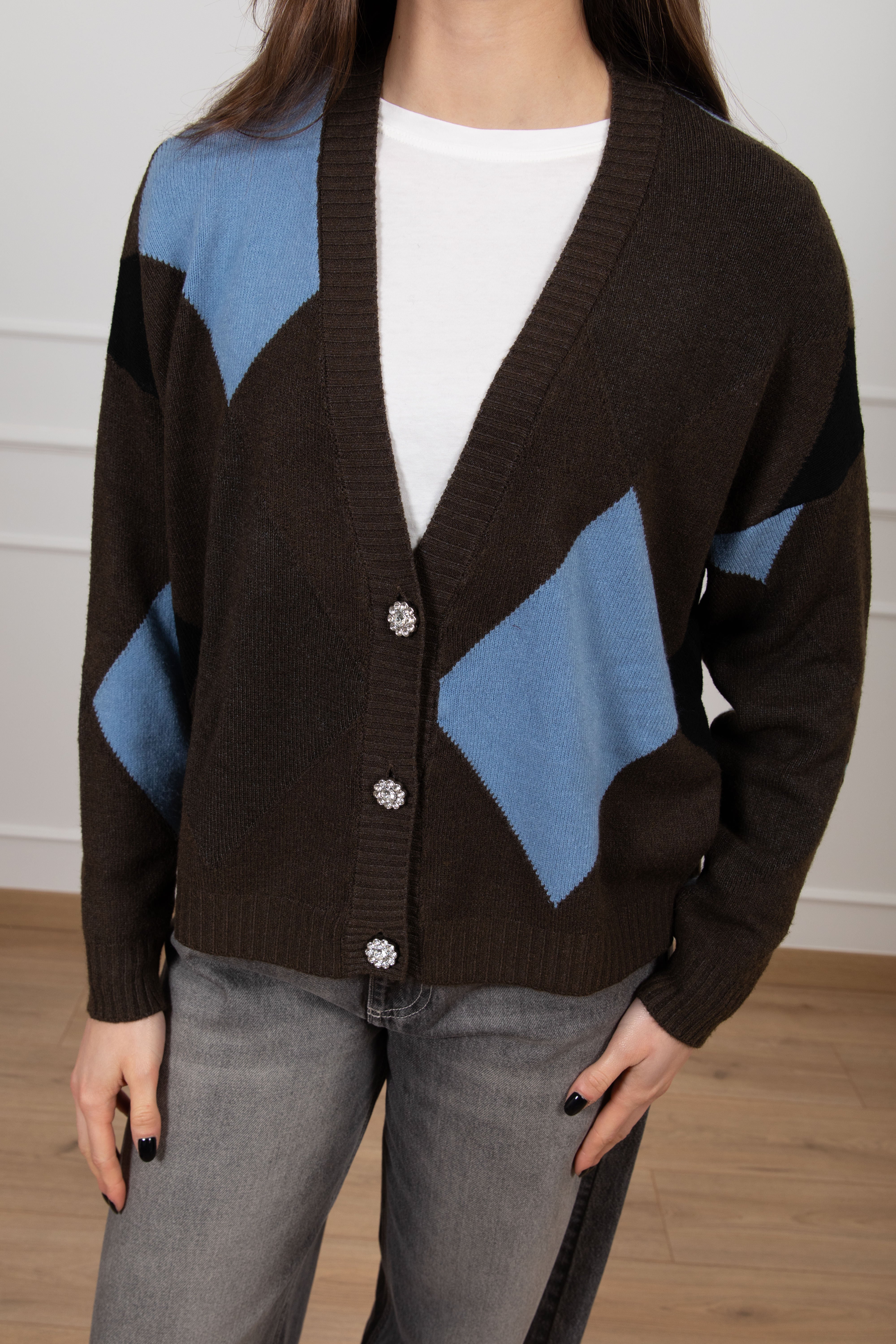 Cardigan in viscosa a rombi con bottoni gioiello Susy Mix