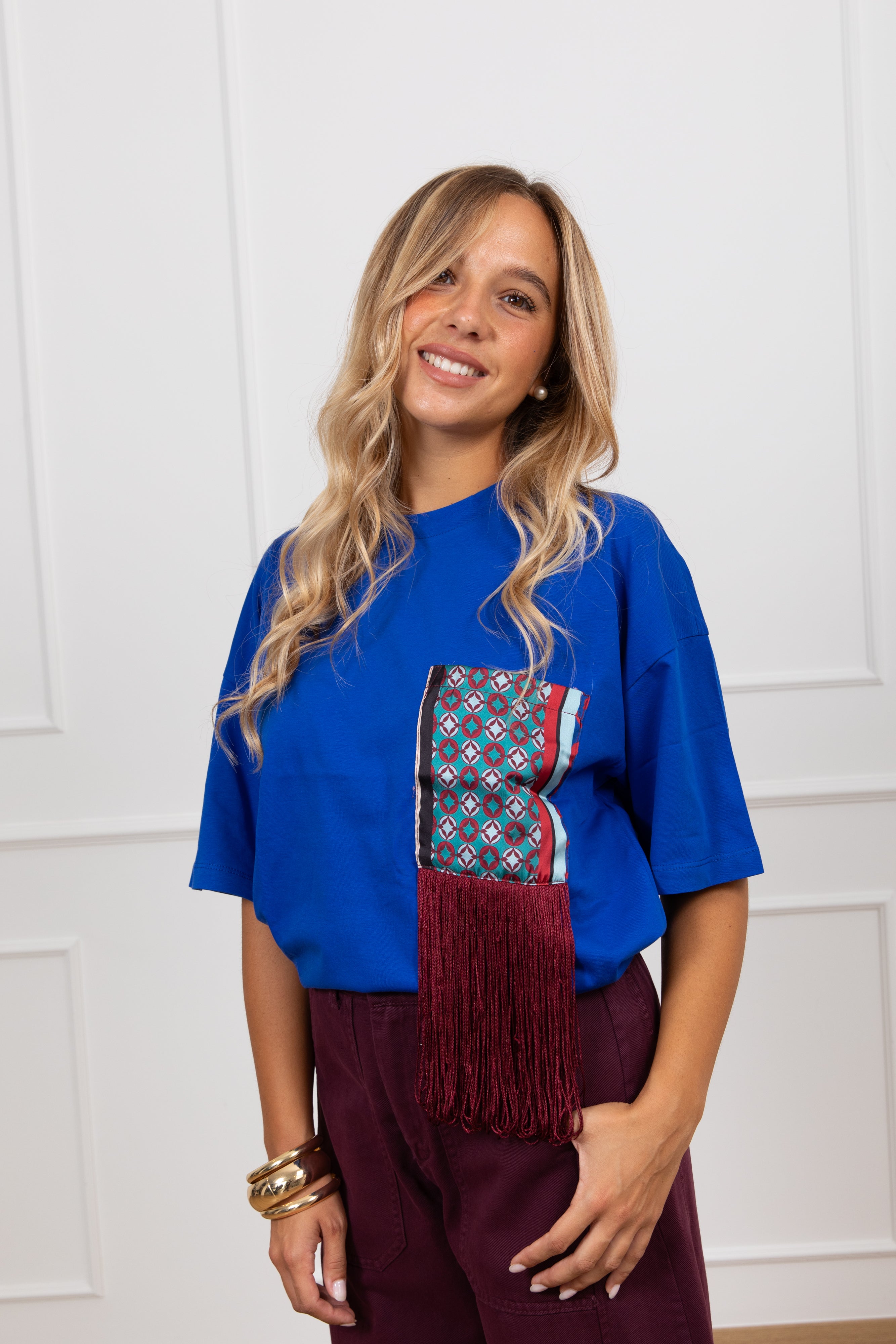 T-shirt tasca fantasia con inserto frange Susy Mix