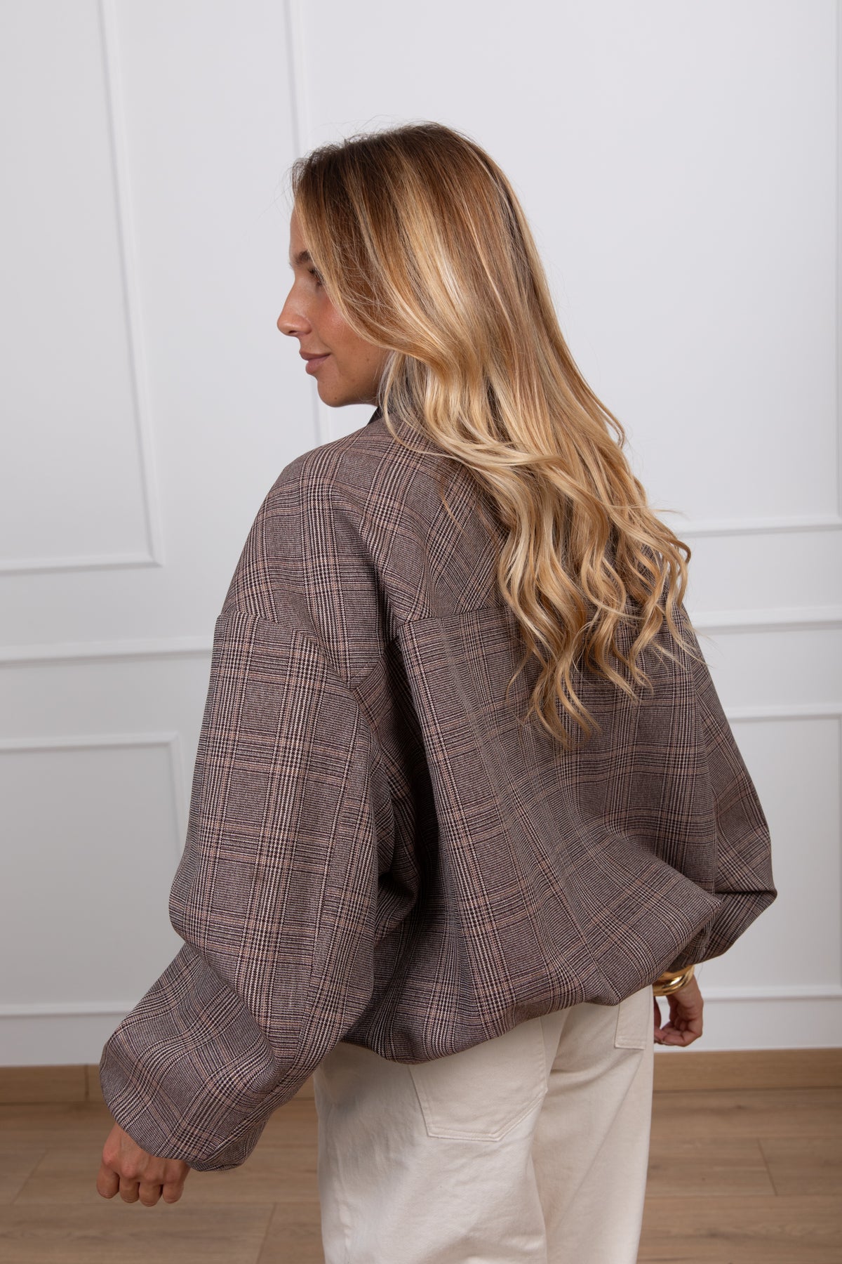 Bomber check con inserto frange e colletto in eco-pelle ViCOLO