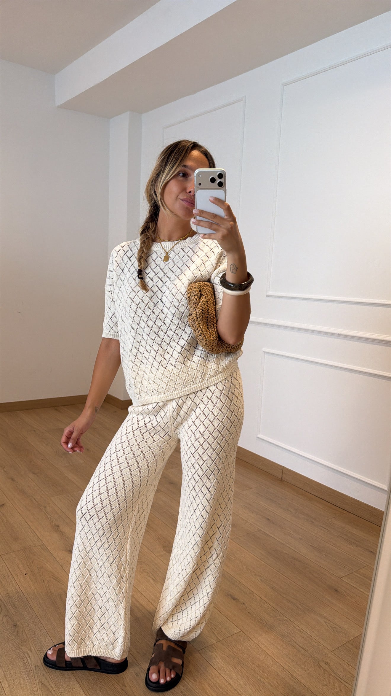 Coordinato crochet maglia e pantalone palazzo con elastico Haveone