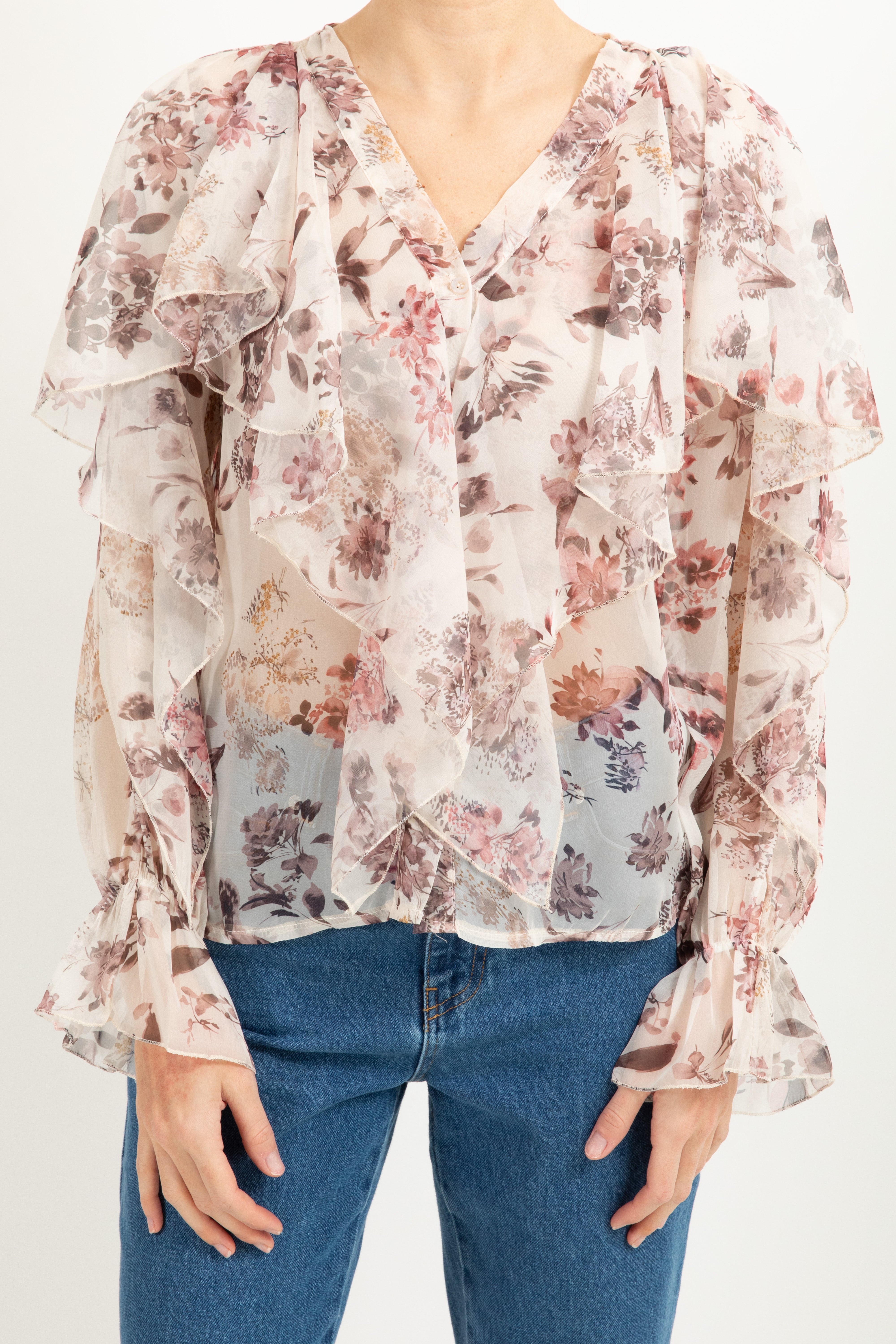 Camicia fantasia flowers in crepe con rouches Susy Mix