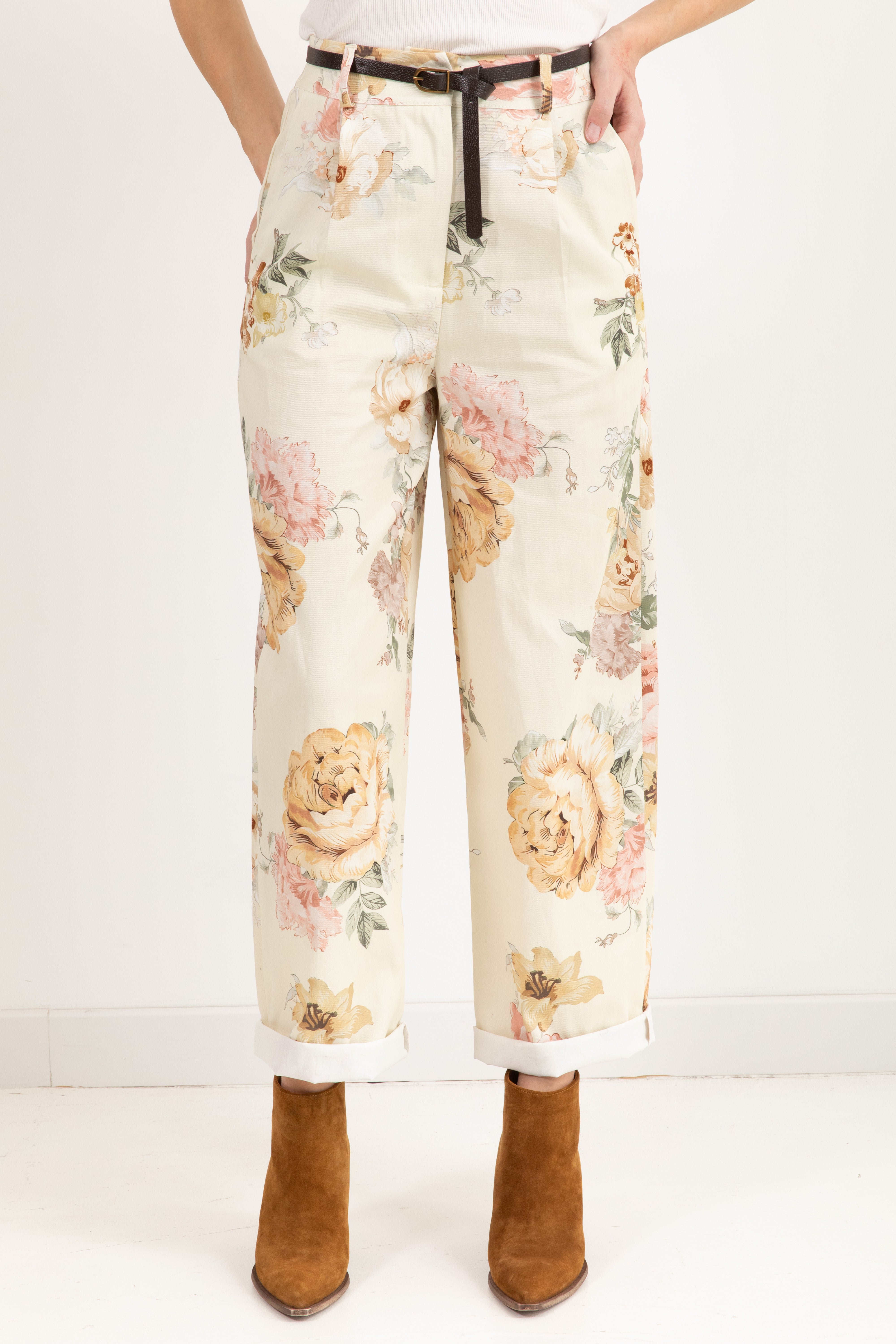 Pantalone fantasia flowers gamba dritta con pinces Susy Mix