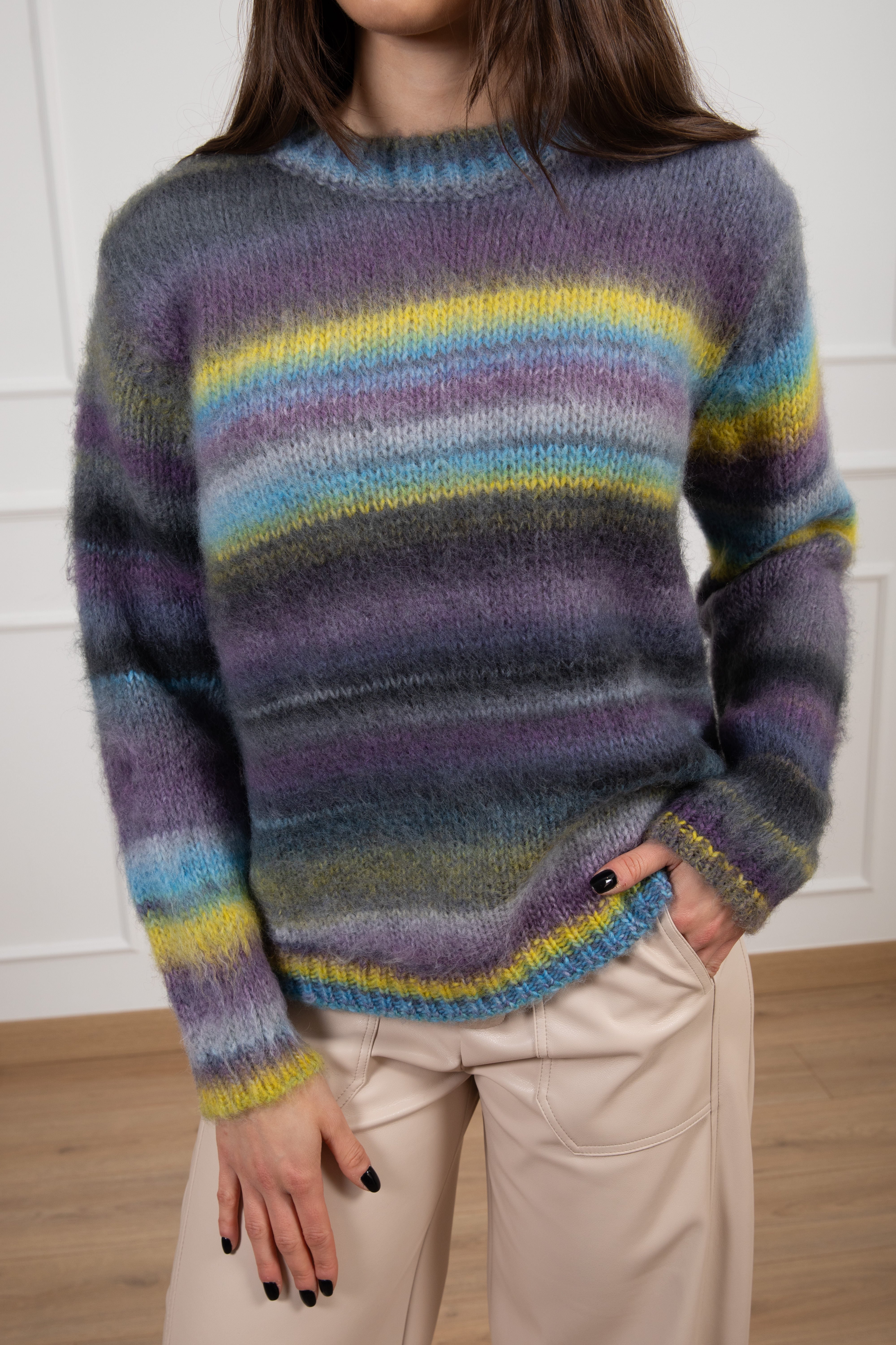 Pull girocollo righe multicolor in lana Susy Mix